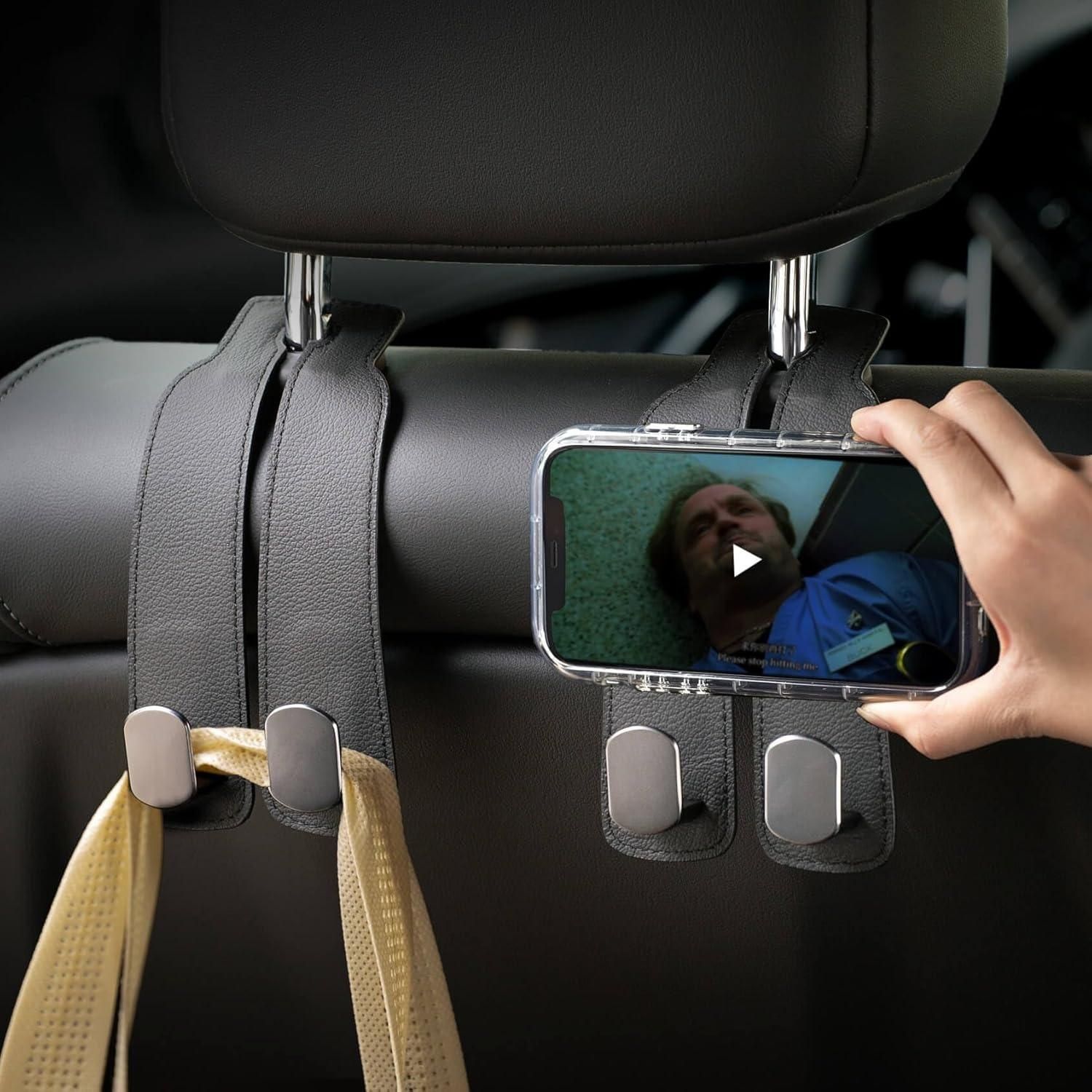 Hangoo: Universal Leather Car Headrest Hooks, Car Seat Back Organizer Hanger for Handbags, Purses, Shopping Bags, Backpacks & Accessories (Pack of 2)