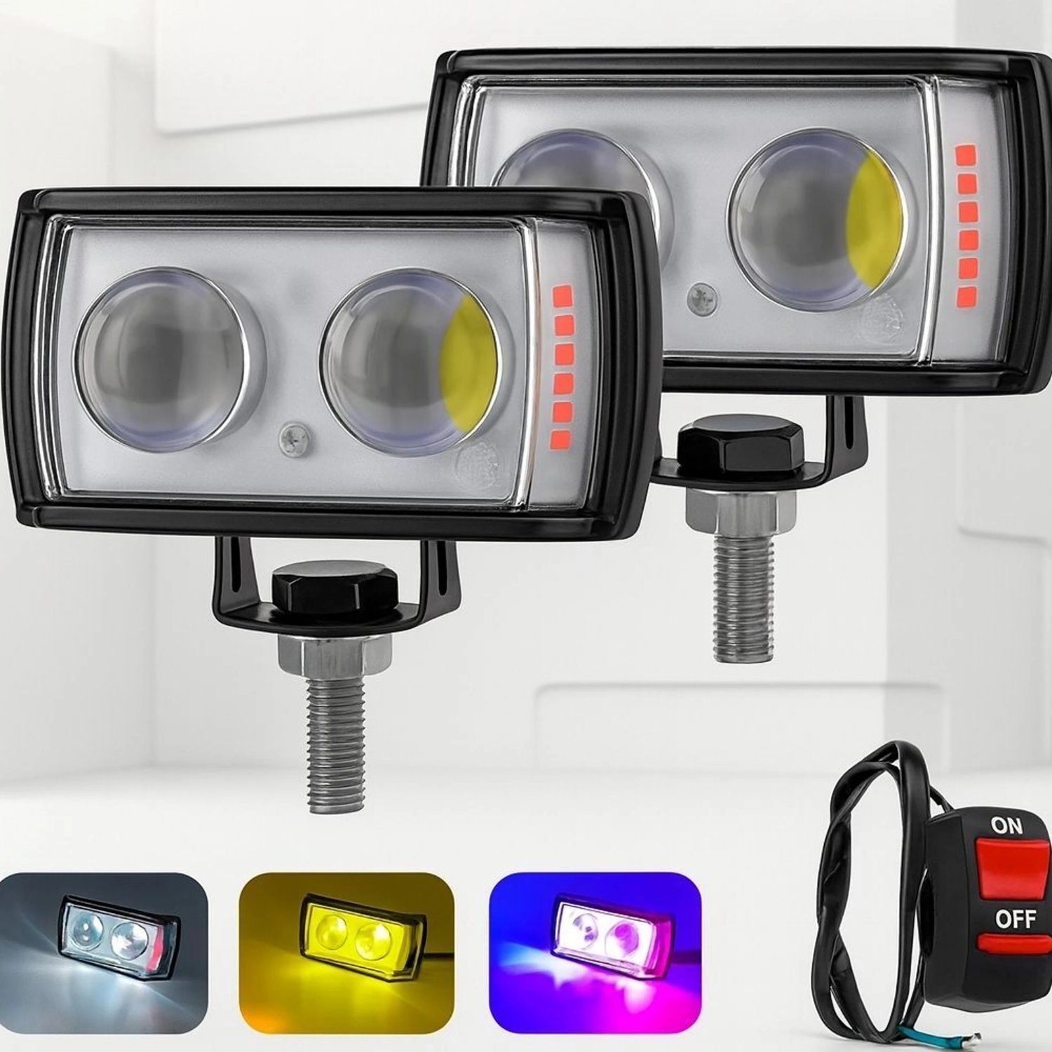 Mini Double Lens Fog Light with Yellow & White Fleshing Light (RED & Blue DRL) Fog Lamp Motorbike LED (12 V, 45 W) (Universal For Bike, Pack of 2)