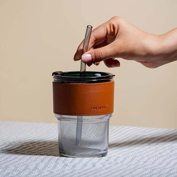 SipMate: Glass Tumbler with Lid, Straw & Leather Sleeve – Perfect for Coffee, Tea, Juice & Everyday Hydration