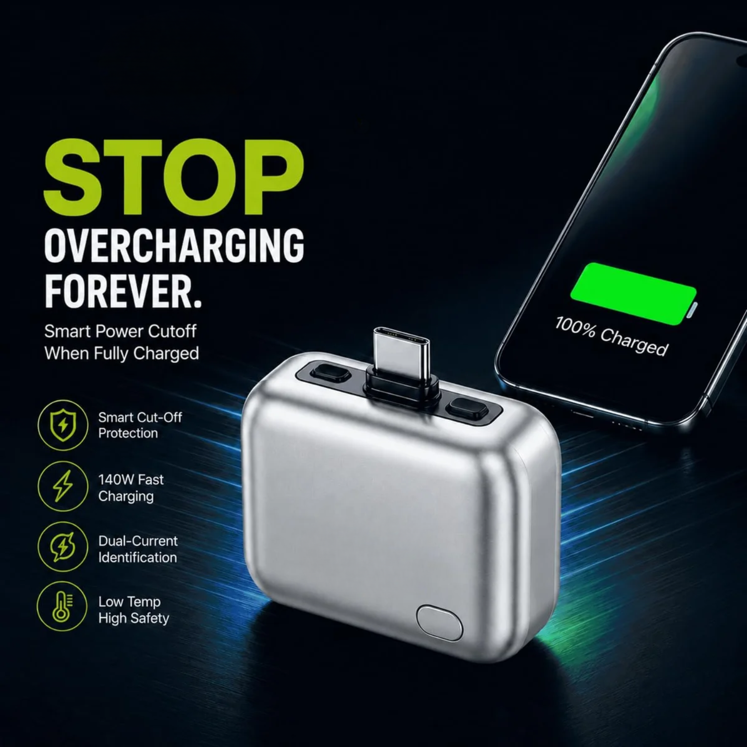AutoCut: 140W Type-C Smart Auto Cut-Off Charging Adapter with Automatic Power Disconnect & Battery Protection