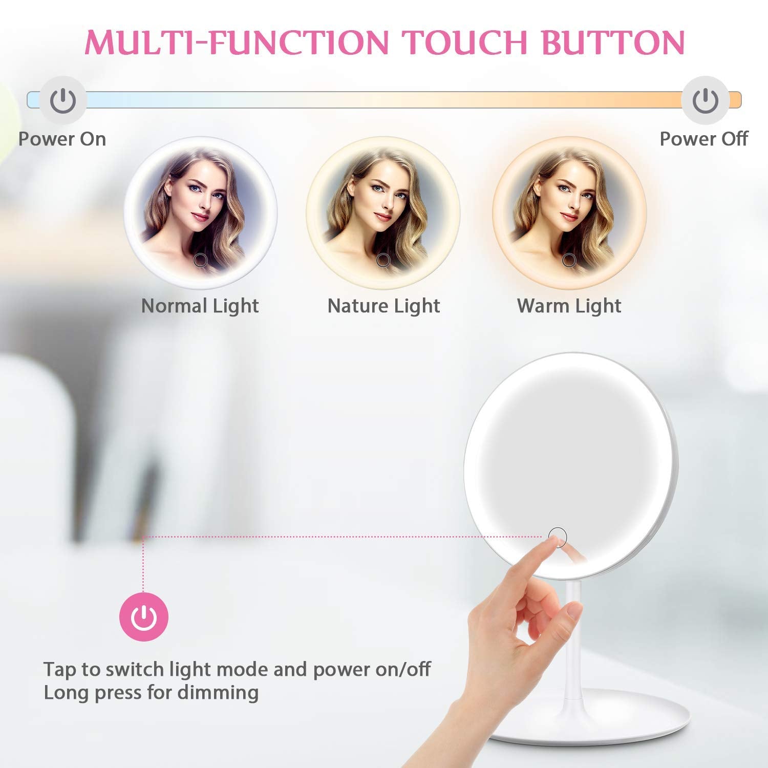 Vanityy: LED Makeup Mirror with Touch Screen, Adjustable Brightness & Rechargeable Light for Flawless Beauty Routine