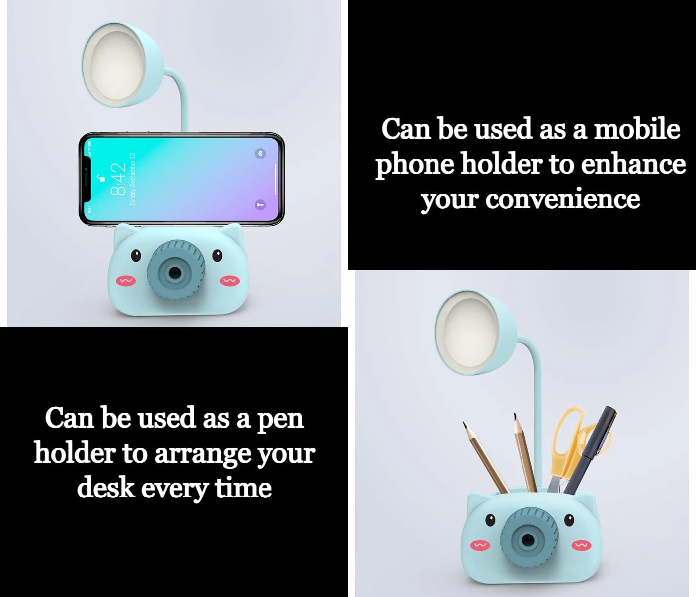 Snortie: Rechargeable LED Table Lamp with Cute Pig Design, Eye-Friendly Study Light with Pen Holder, Sharpener & Camera-Style Look for Kids’ Desk