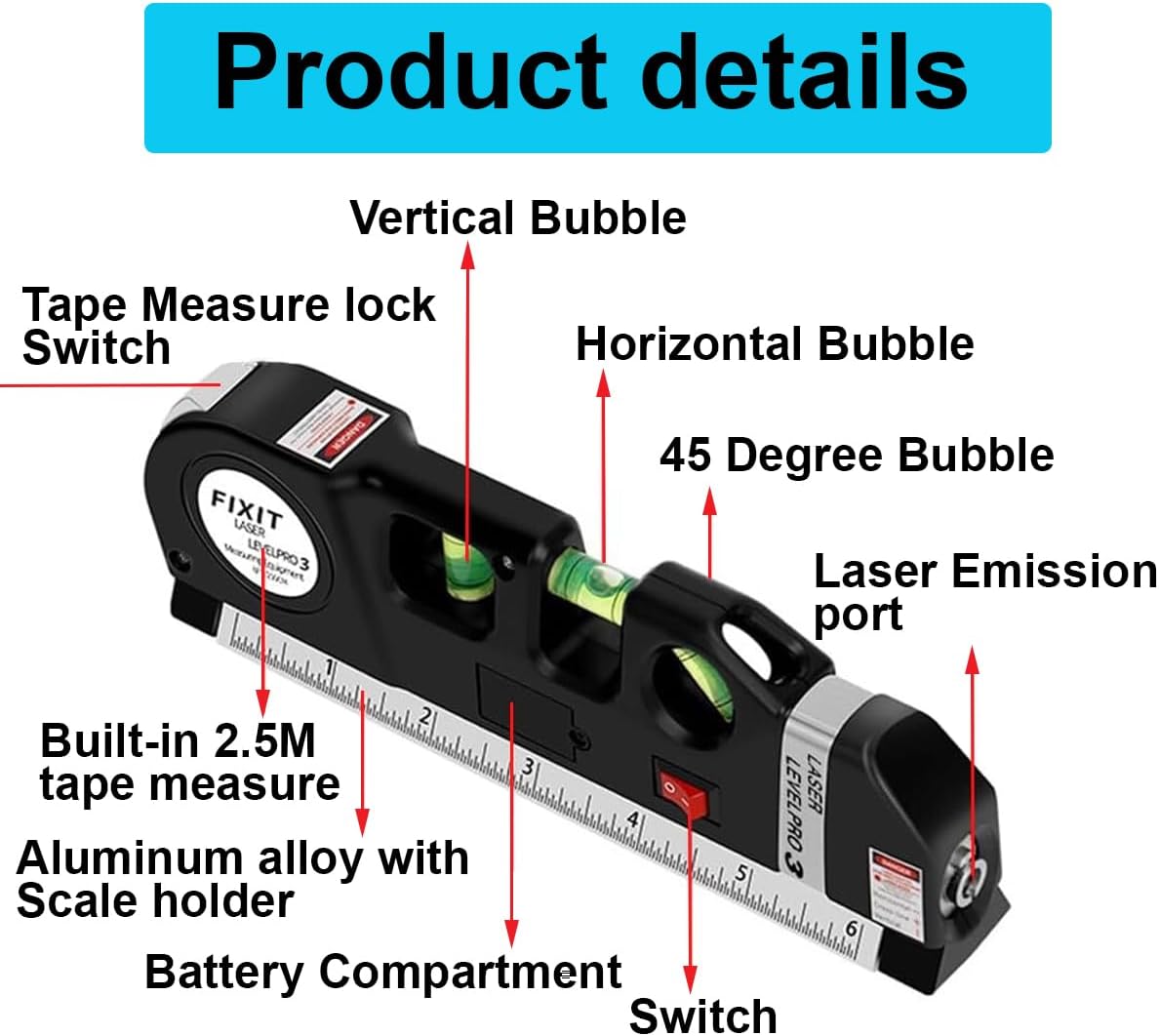 Metrix: 4-in-1 Multipurpose Laser Spirit Level with 8ft Measuring Tape, Built-in Bubble Level, Metric & Imperial Ruler for Picture Hanging & DIY Projects