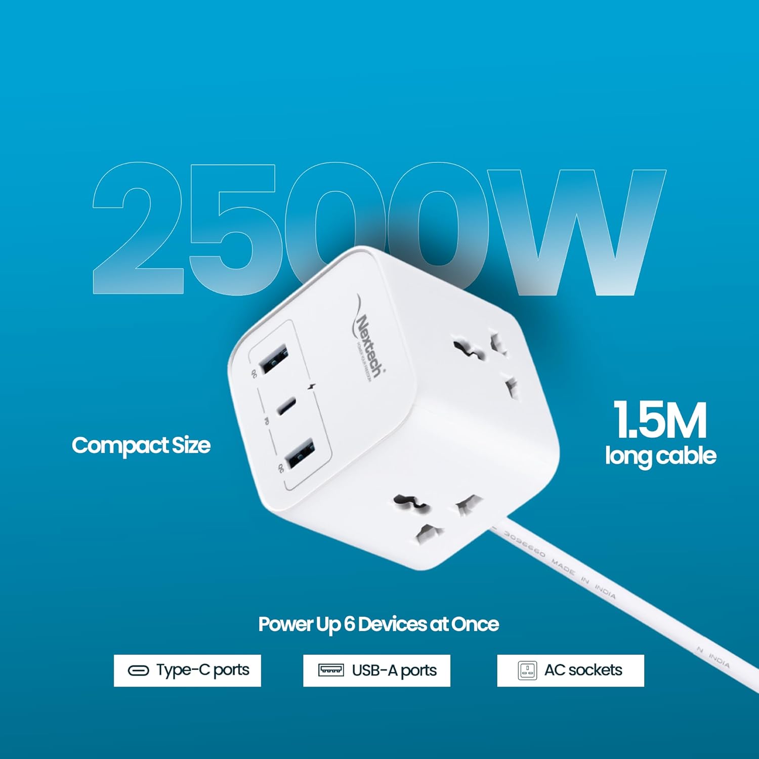 Nextech 20W Cube 20 High Speed Smart Desktop Charger with 2M Copper Cable, Type C PD Port, 2 USB Mach Port, 3 AC Power Socket, Compatible with Laptop,Smartphones,iPhones,Tablet,Power Bank(White)