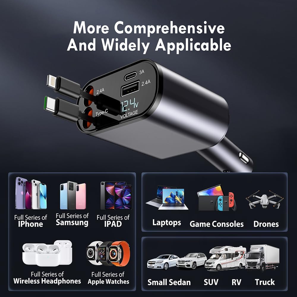Terminal: 120W 4-in-1 Retractable Car Charger with Voltmeter, QC & PD Fast Charging, Dual USB Ports & Built-In Type-C + Lightning Cables