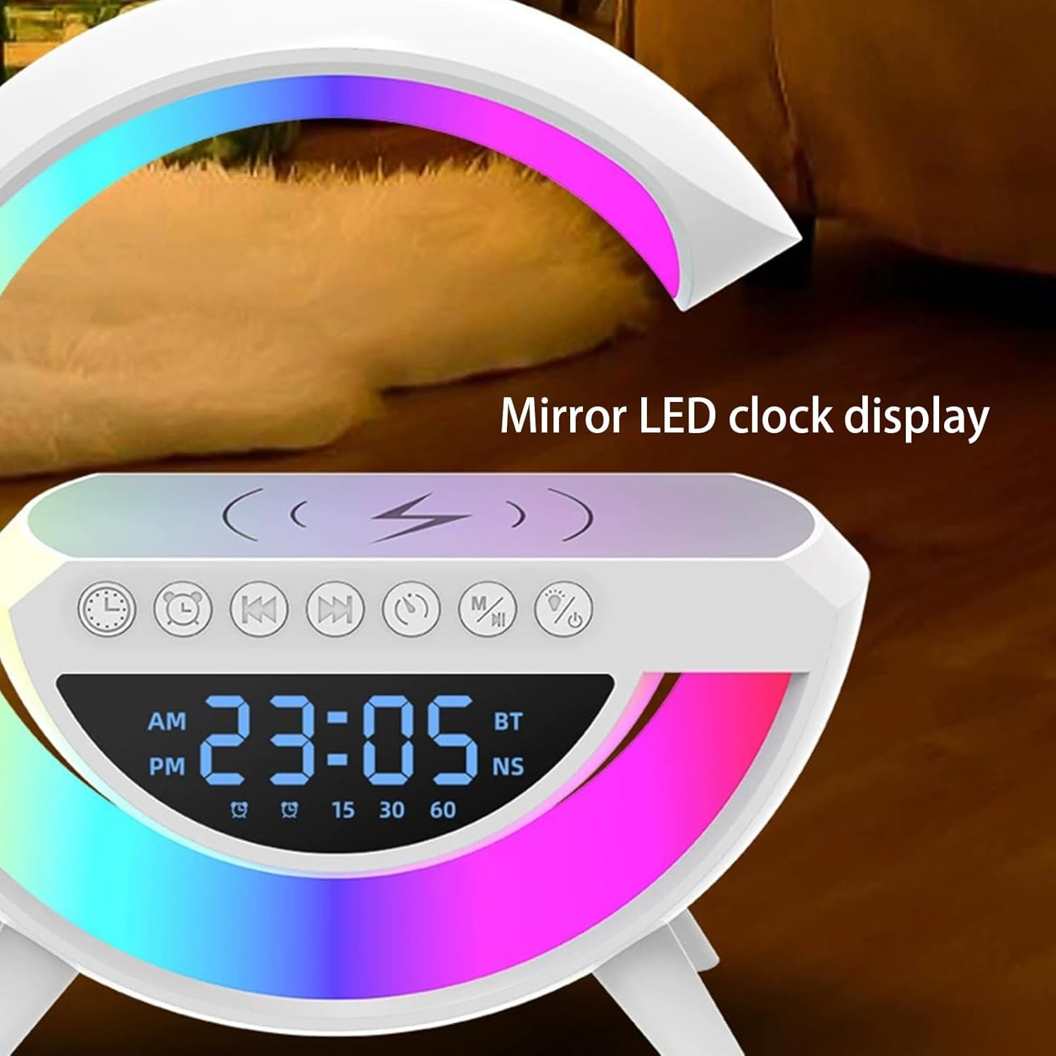 Gooble: Full Size G-Shaped RGB Atmosphere Lamp with 15W Wireless Charger, Bluetooth Speaker, Clock & Interactive Desk Light for Bedside & Room Décor