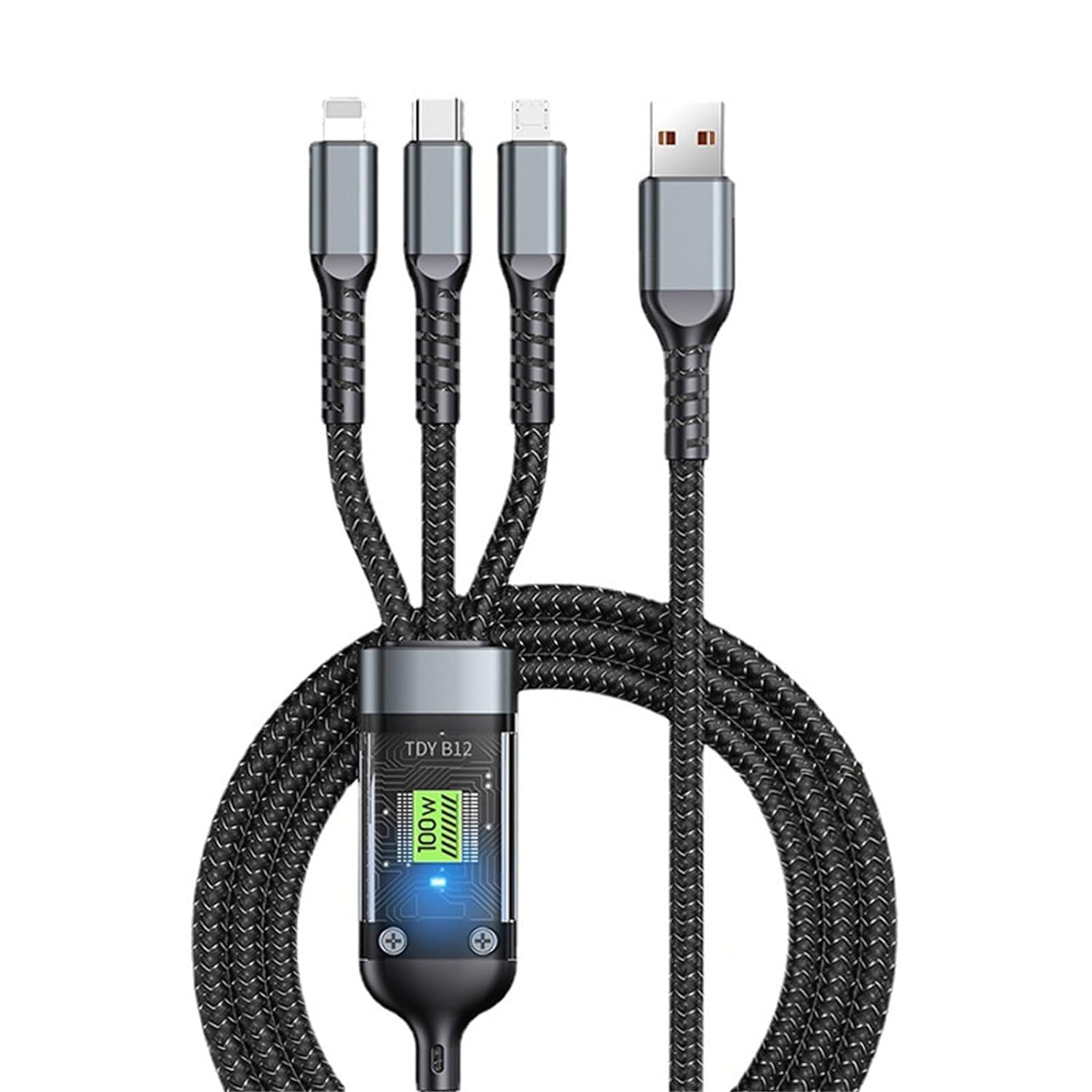 Power100: 3-in-1 100W Fast Charging Cable (1.2M) with Type-C, Micro-USB & Lightning Connectors for Laptops, Tablets & Smartphones