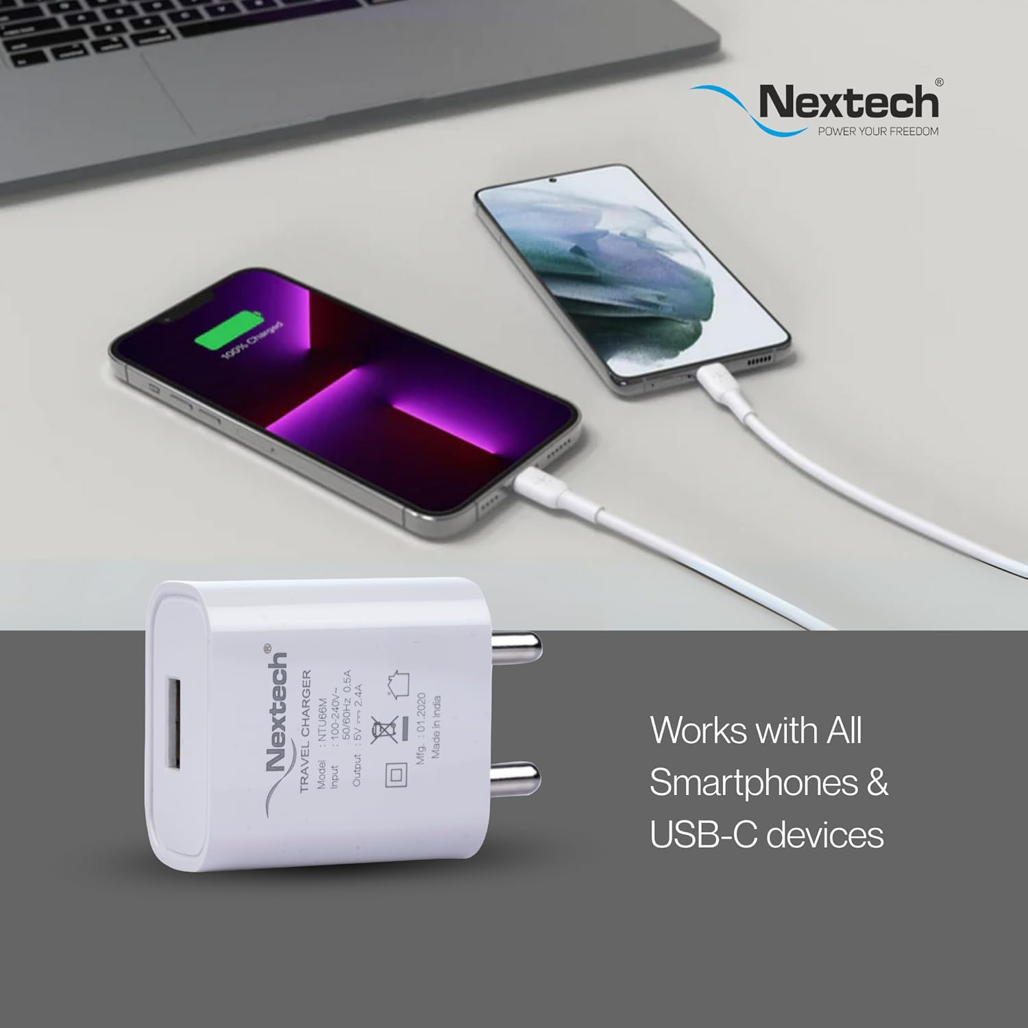Nextech Nextech Single USB Travel Charger With USB-C Cable 2.4 A Mobile Charger with Detachable Cable (White)