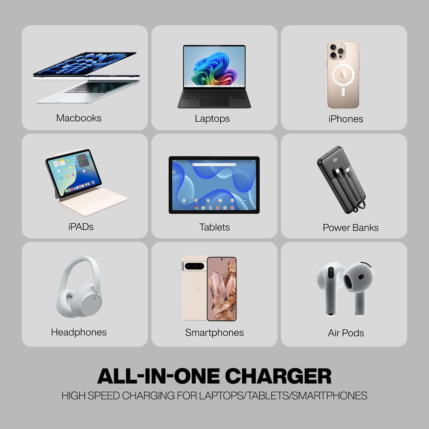 Nextech 65W PDQC PPS Technology Universal Charger for Macbooks, Laptops, Smartphones, Tablets (White)