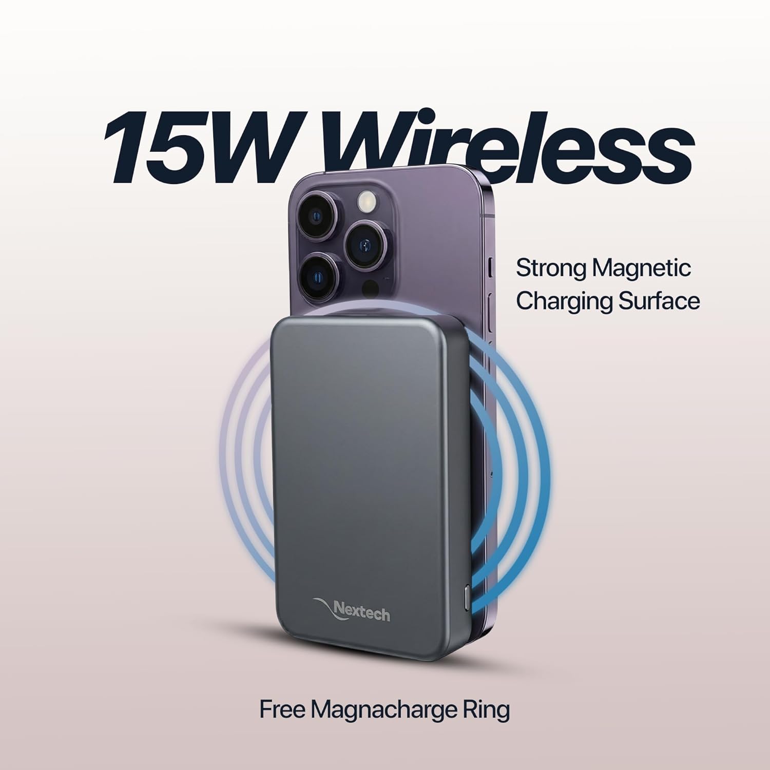 Nextech MagNxt | 10,000mAh Wireless Rapid Charge | Type-C PD | 22.5W Output | Compact, Sleek | 15W Magnetic Charging | LED Indicator | Compatible with iPhone 12 & Qi | Space Grey