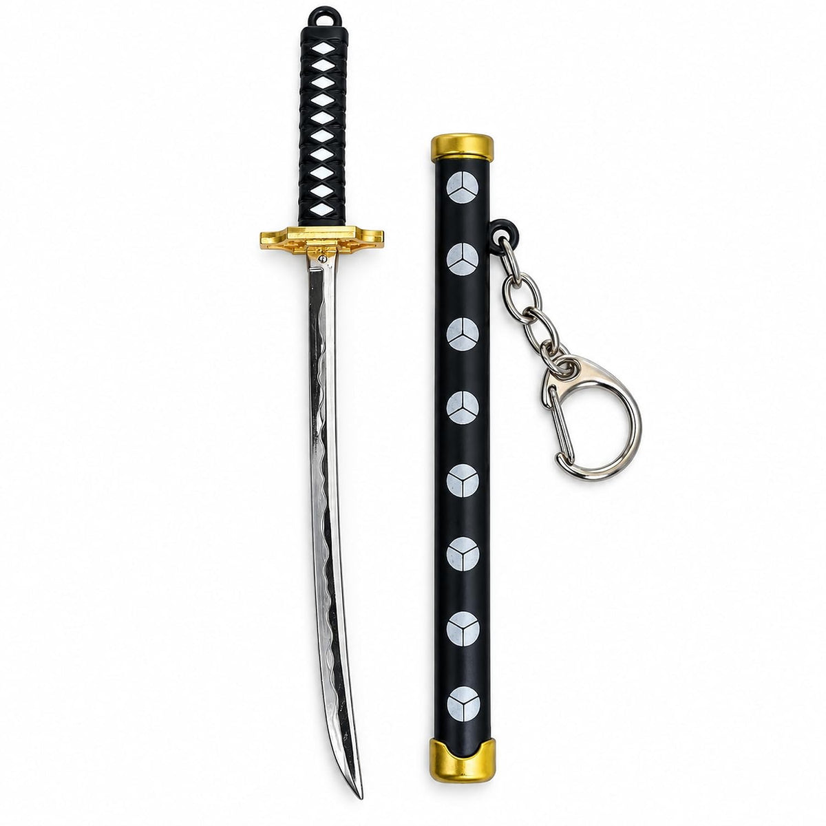 Kensai: Mini Samurai Katana Sword Keychain with Black Handle, Gold Accents & Metal Chain, 15cm Japanese Sword-Inspired Decorative Keyring & 3D Collectible for Bags & Keys