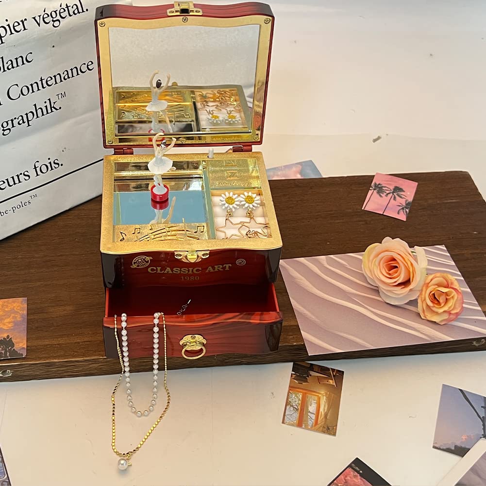 Tinkle: Wind-Up Musical Ballerina Jewelry Box with Mirror, Drawer & Elegant Spinning Dance Design