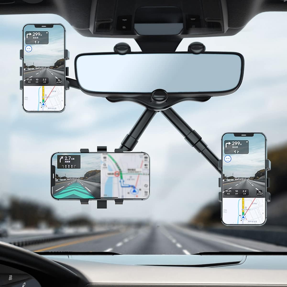 MirrorGrip: 60° Rotating Rearview Mirror Phone Holder with Anti-Shake Cradle & Adjustable Mount for Safe Driving