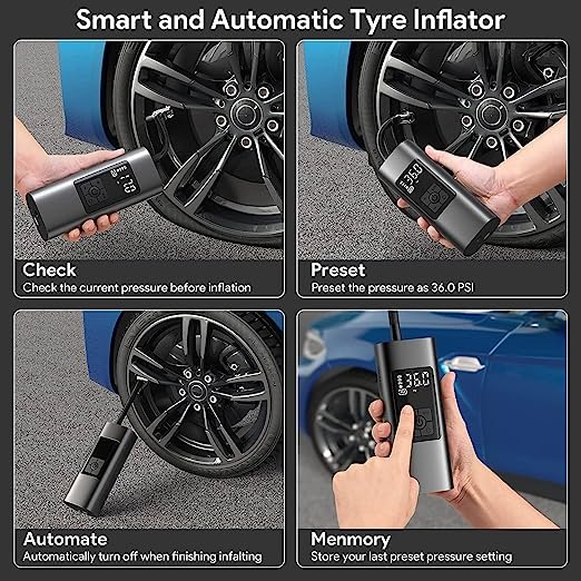 Inflato: Portable Tire Inflator & Power Bank – 150PSI Air Pump with Digital Gauge, LED Light, Heat Dissipation & 8000mAh Battery for Bikes, Cars & Emergencies