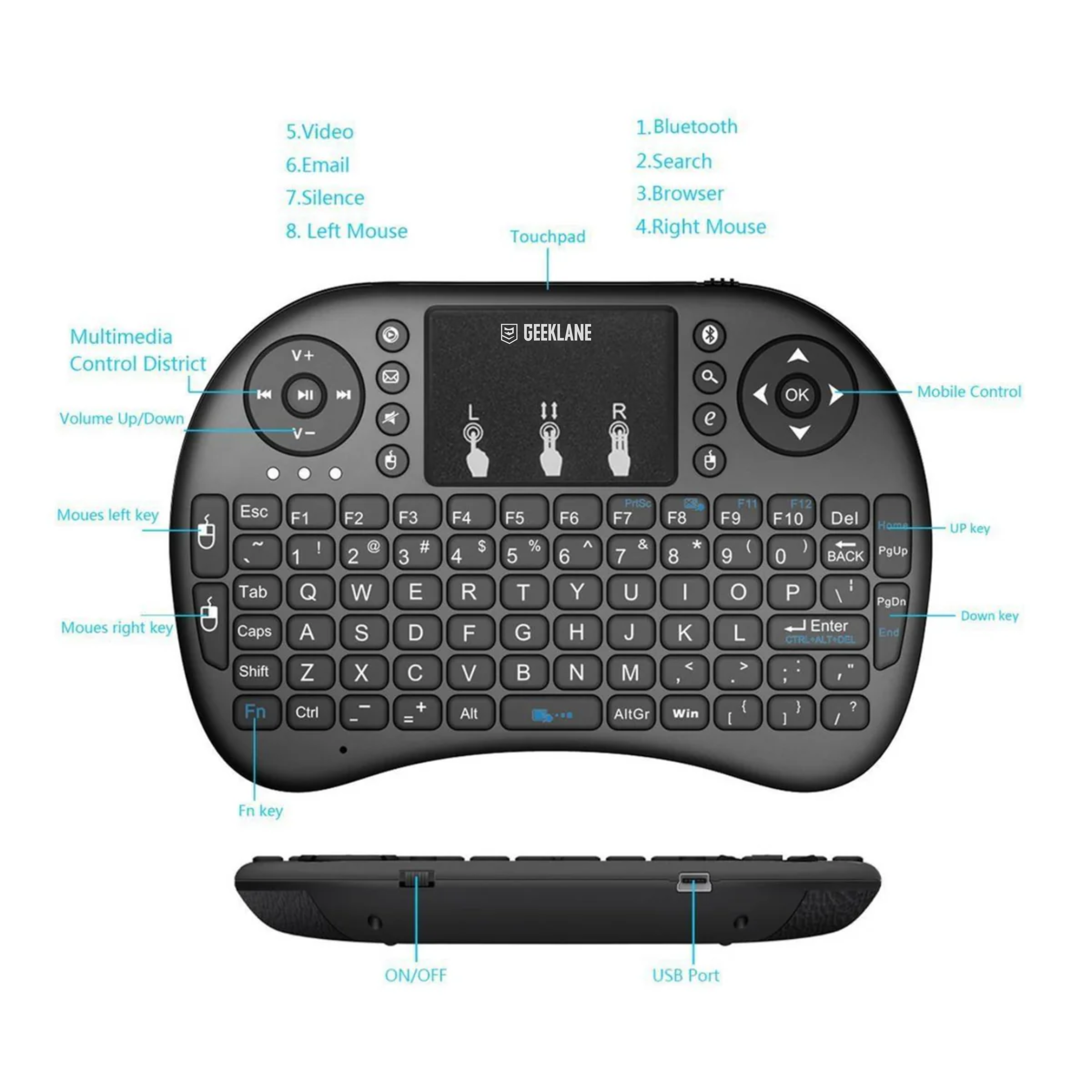 Keyboo: Rechargeable Mini Wireless Keyboard with Trackpad, Backlight, Bluetooth Mode & USB Dongle