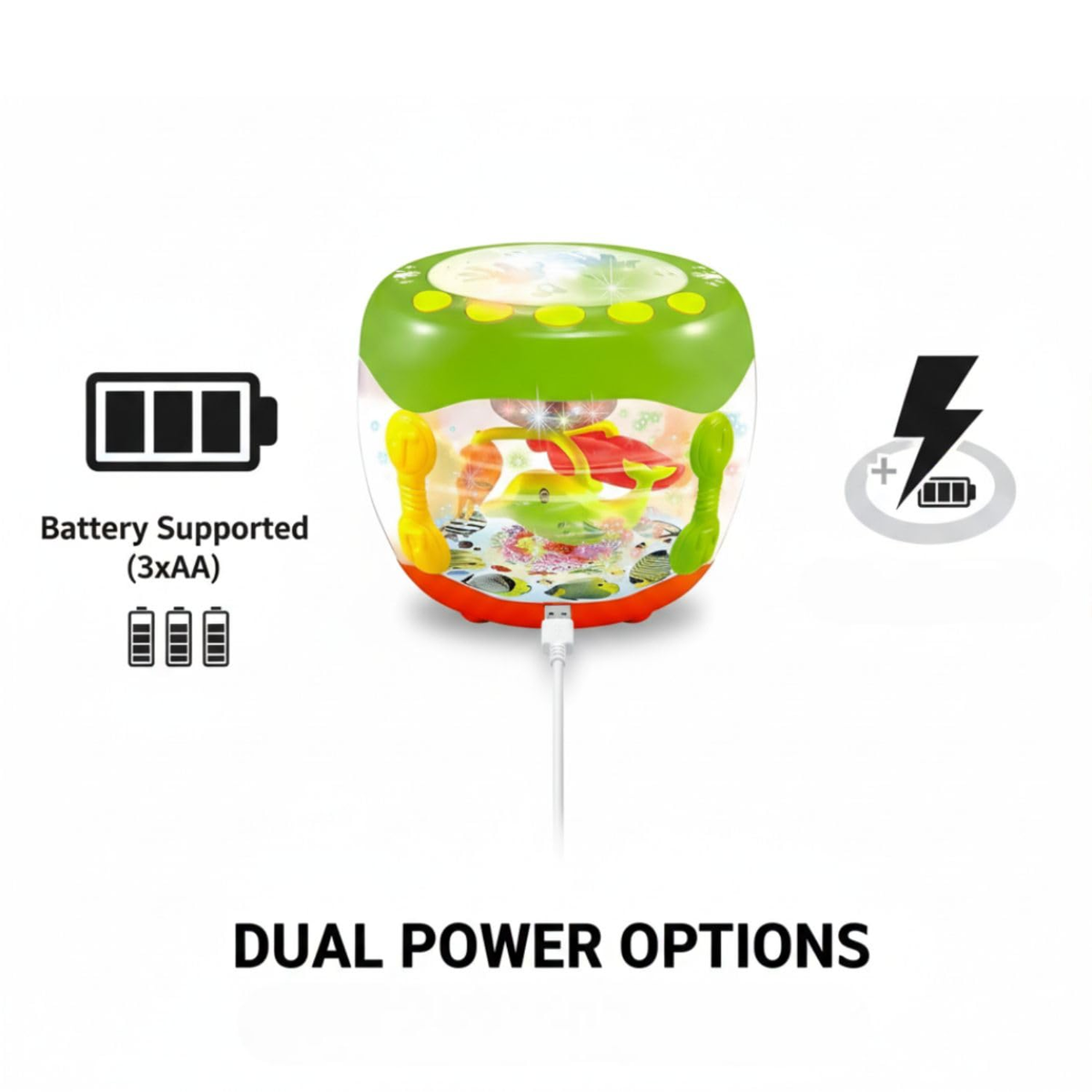 Drumo: 2-in-1 Musical Drum & Rotating LED Lamplight Toy with 13 Sounds, 11 Songs, 8 Instrument Modes, Drum Beats & Rechargeable Battery for Kids