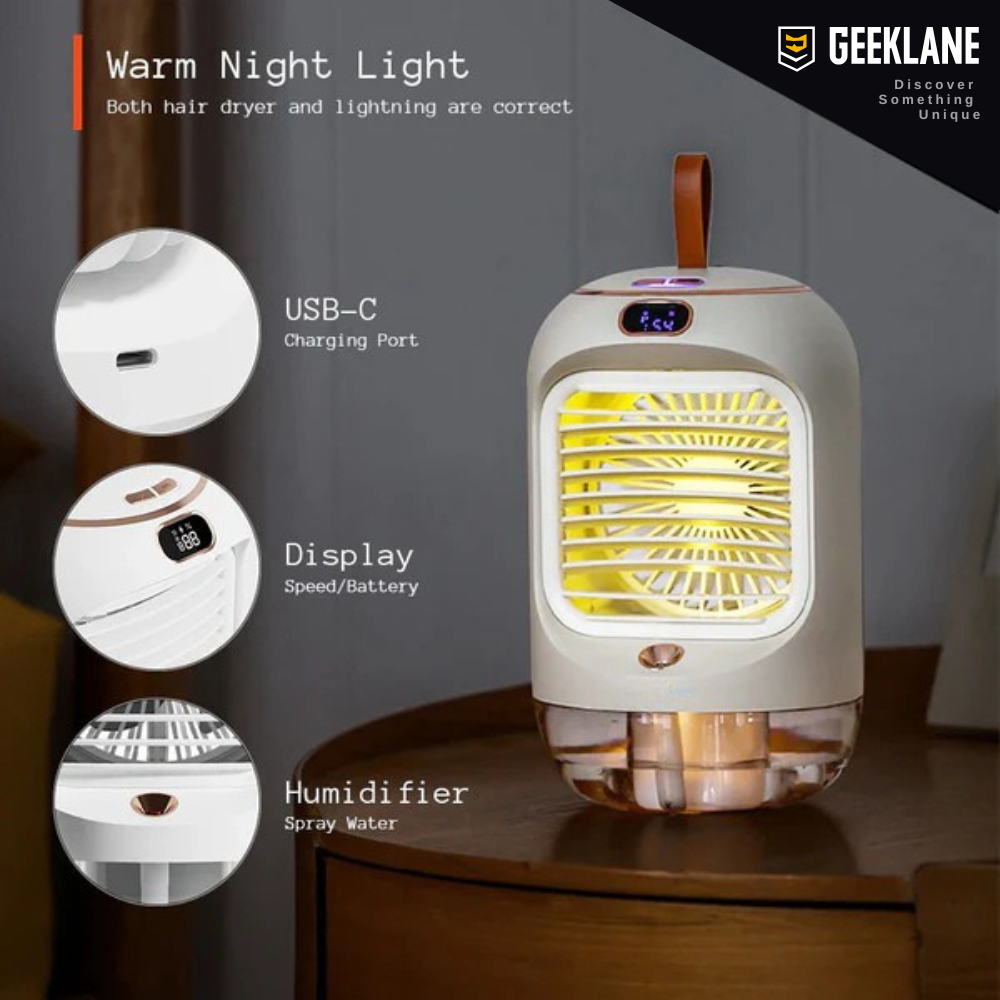 CoolMate: Premium Quality Portable Cooling Fan & Humidifier, 3 Speeds, 280ml Mist, Night Light, 90° Rotation, USB Rechargeable (3600mAh) for Personal Cooling.