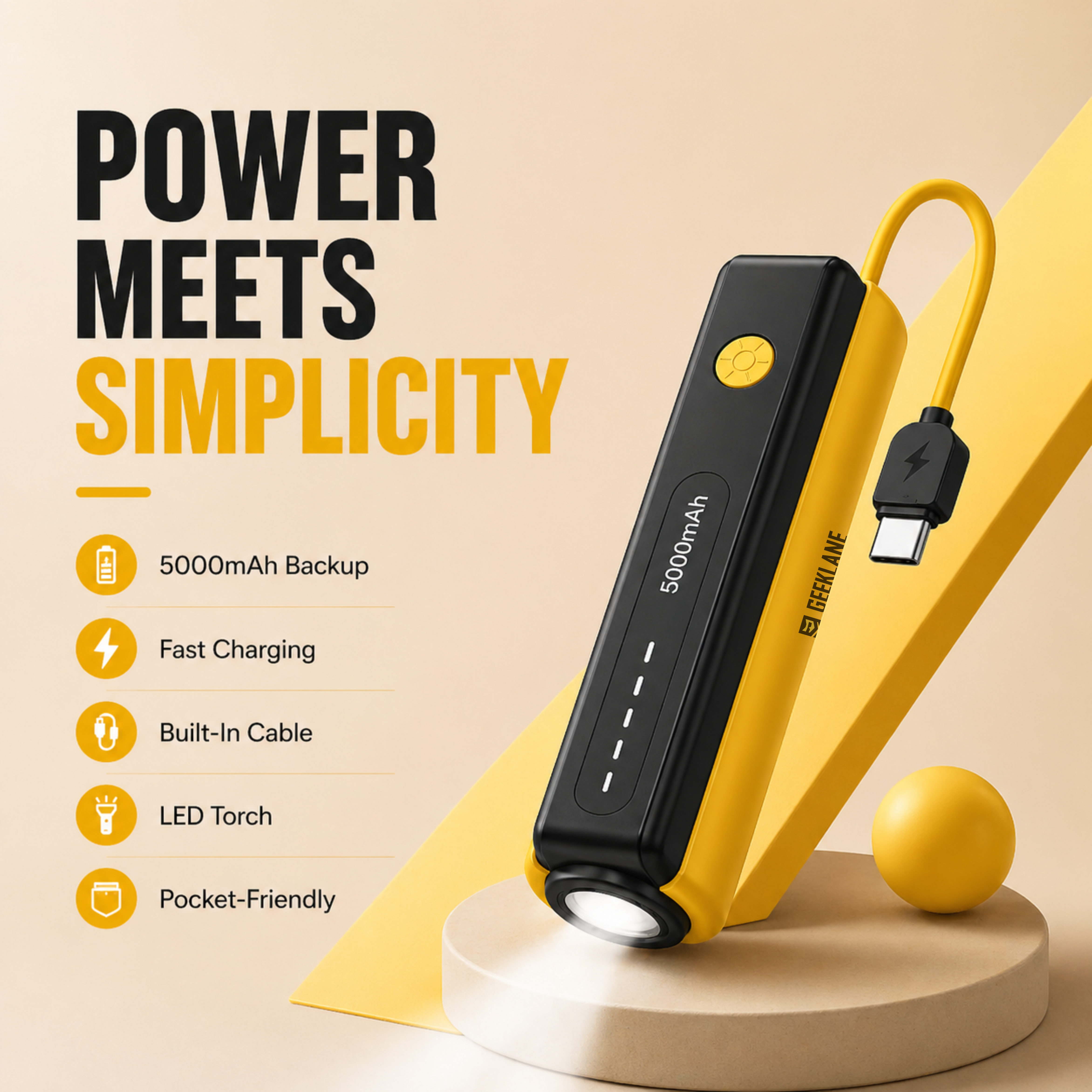 Pico: 5000mAh Mini Pocket Power Bank with Built-In Lanyard Type-C Cable, Torch & Fast Charging