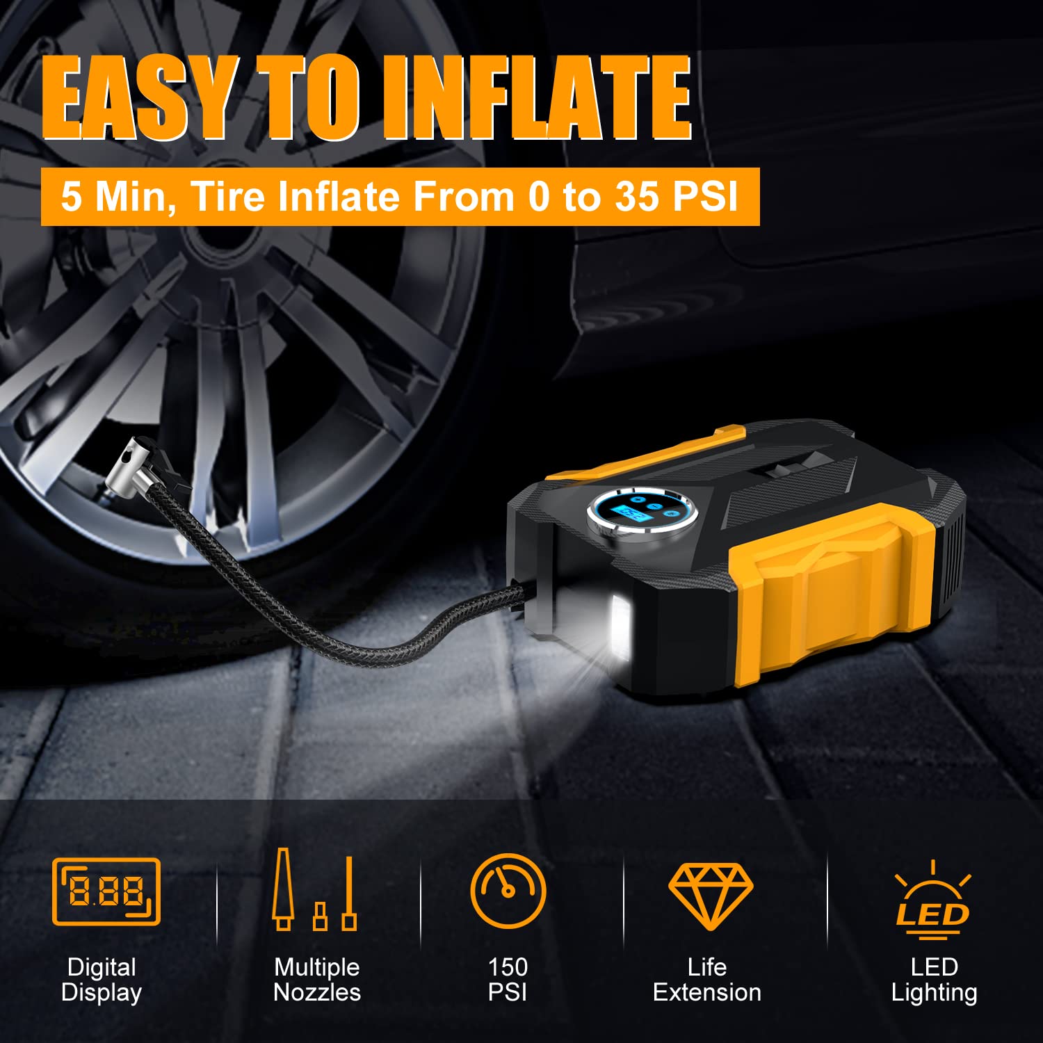 TireSOS: High-Quality Portable Digital Car Tyre Inflator with LED Light & 150PSI Auto Pump for Cars, Bikes & More