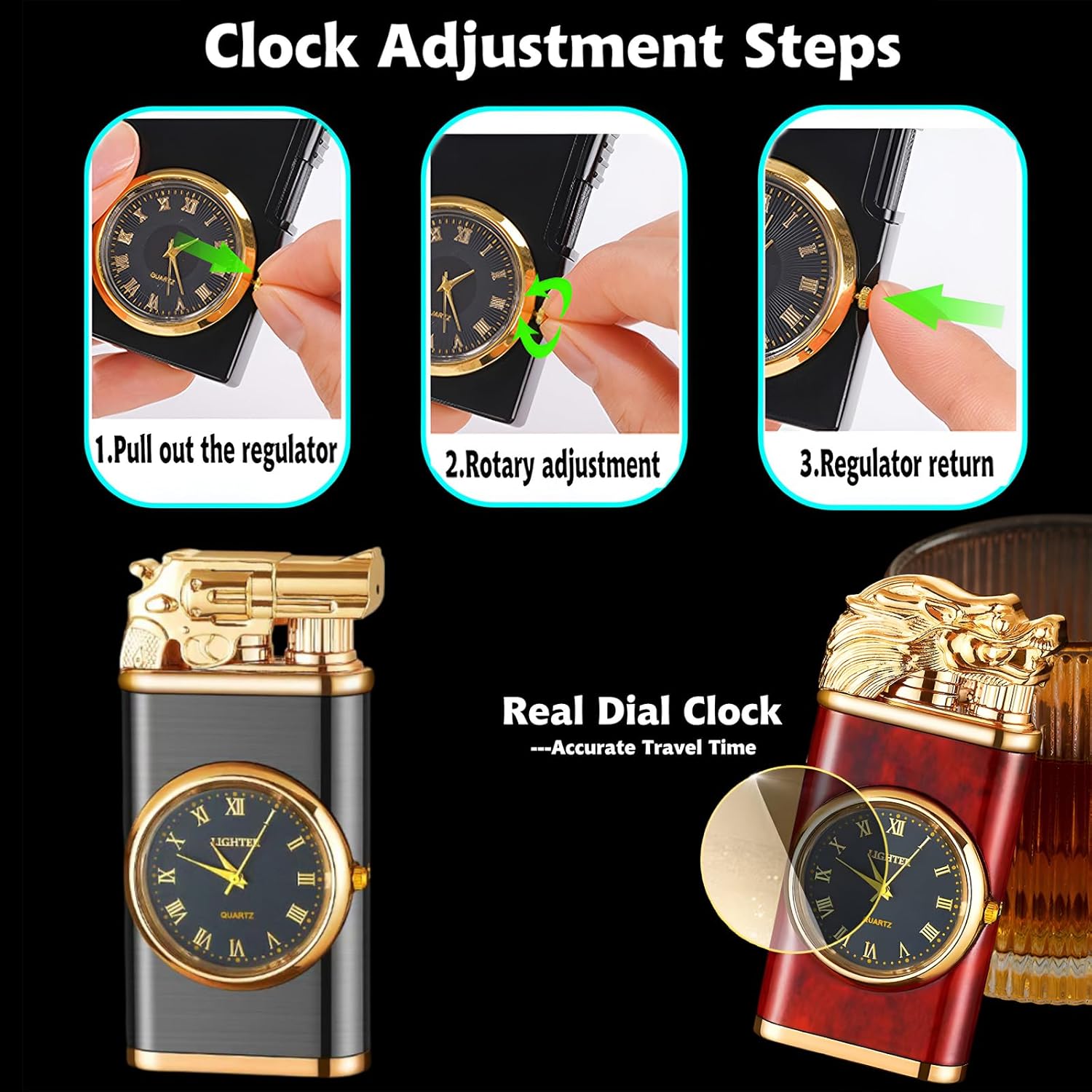 Draco: Windproof Dual Flame Refillable Lighter with Built-in Watch, Dragon Embossed Design & Bold Metal Finish for Collectors & Gifting