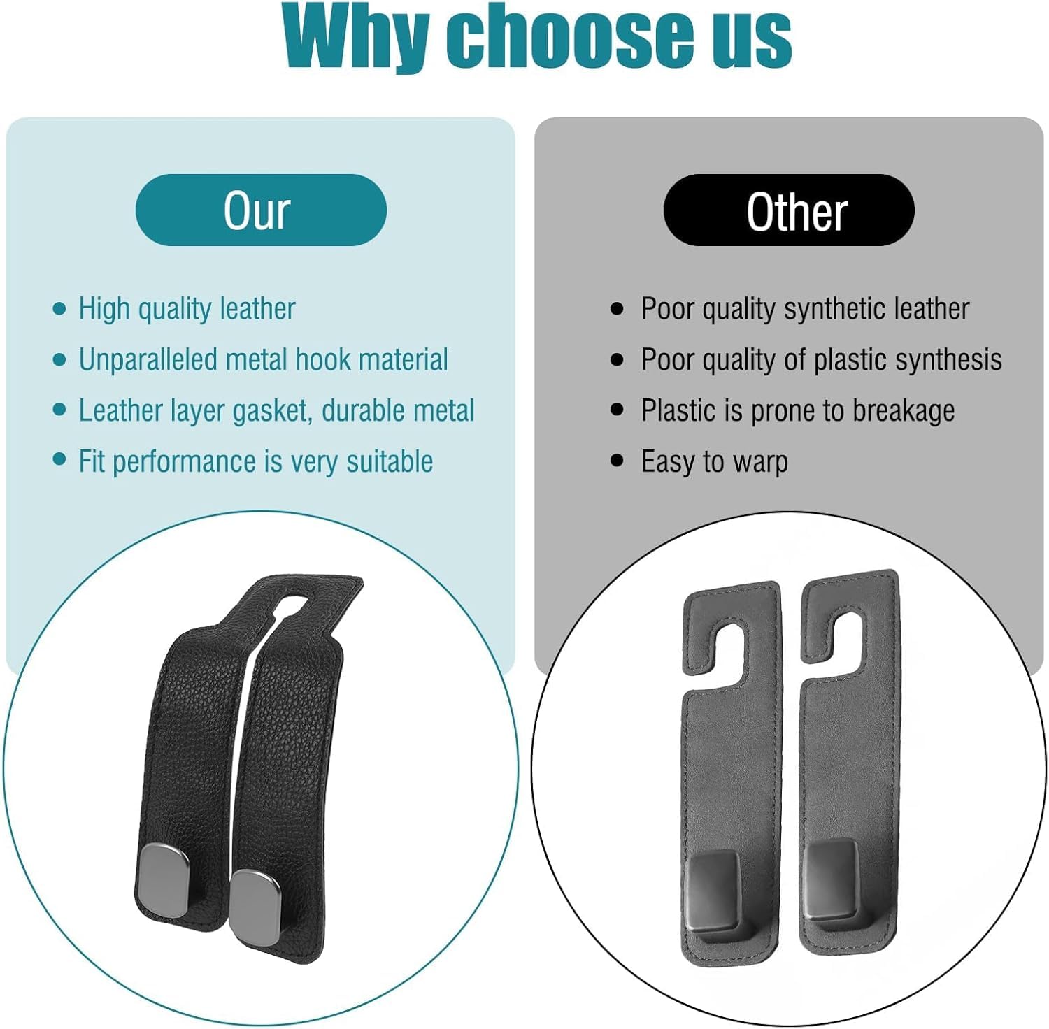 Hooksy: Universal Leather Car Headrest Hooks, Car Seat Back Organizer Hanger for Handbags, Purses, Shopping Bags, Backpacks & Accessories (Pack of 2)