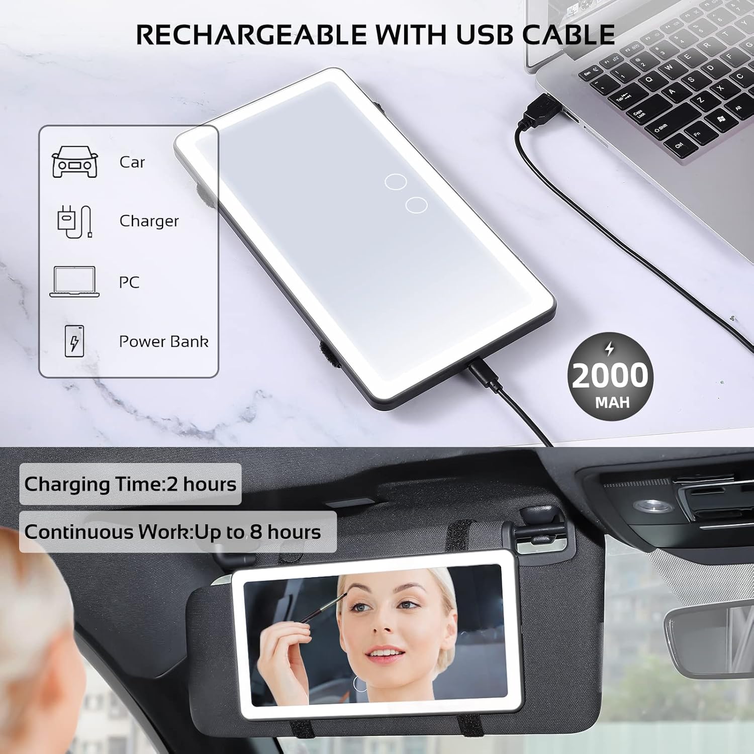 Virror: LED Visor Vanity Mirror with 3 Light Modes, 80 LEDs & Rechargeable Touch Control for Cars & SUVs