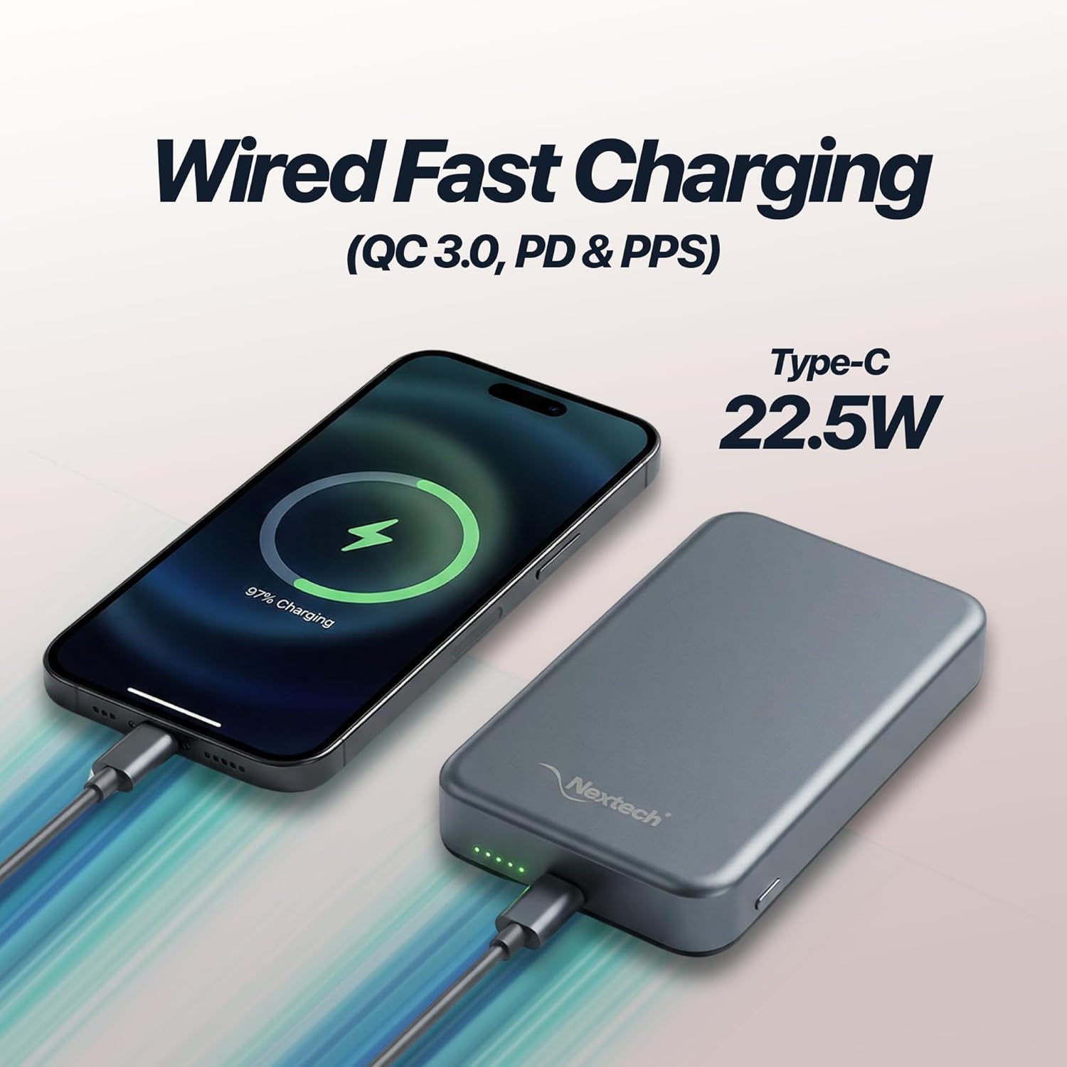 Nextech MagNxt | 10,000mAh Wireless Rapid Charge | Type-C PD | 22.5W Output | Compact, Sleek | 15W Magnetic Charging | LED Indicator | Compatible with iPhone 12 & Qi | Space Grey