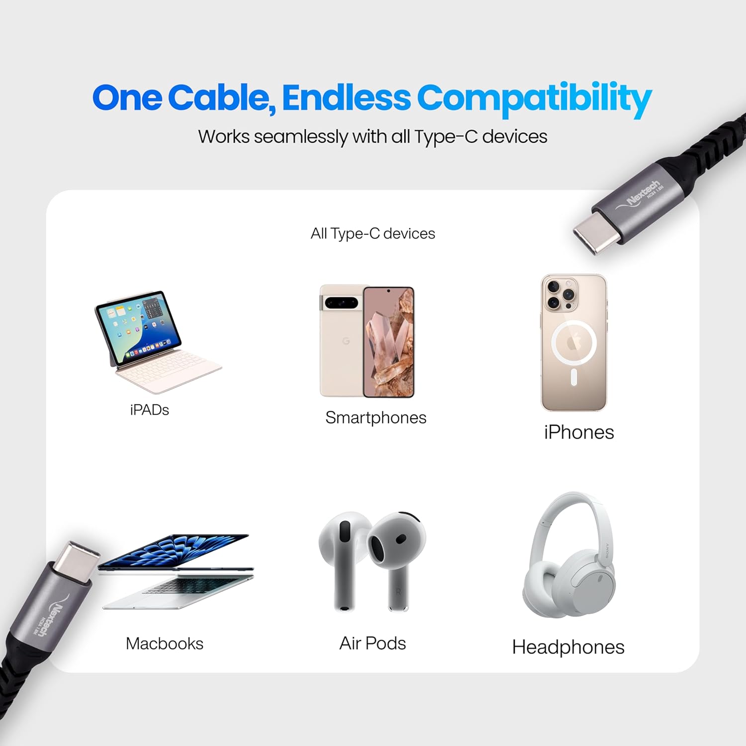 Nextech USB Type C to Type C 100W, Gen 2, 10gbps Braided Fast Sync & Charge Video Cable Compatiable with Laptops & Smartphones (1.8M)