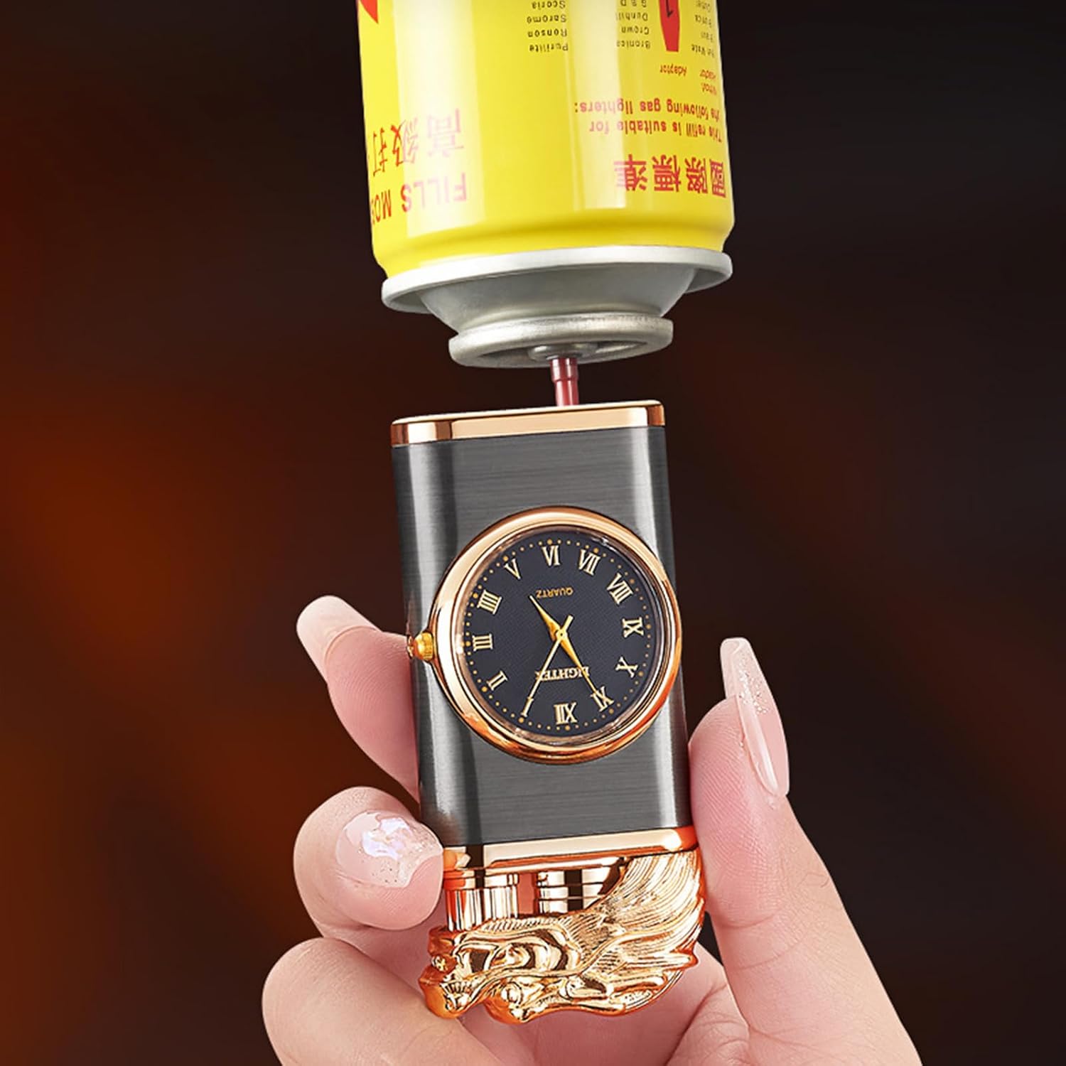 Draco: Windproof Dual Flame Refillable Lighter with Built-in Watch, Dragon Embossed Design & Bold Metal Finish for Collectors & Gifting