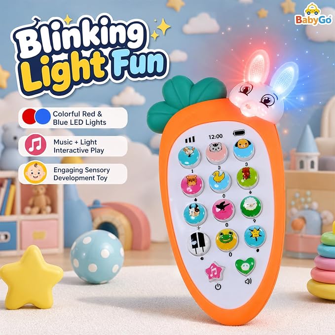 Rabi: Cute Rabbit-Shaped Pretend Play Toy Phone with 20 Musical Songs, Animal Sound Ringtones, Lights & Interactive Buttons for Kids & Toddlers