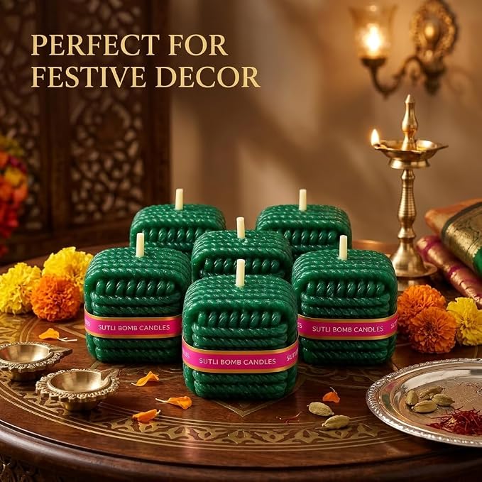 SutliPop: Sutli Bomb-Shaped Decorative Candles with Green Braided Rope Design, Festive Firecracker Style Candles for Diwali Décor, Celebrations & Gifting (Pack of 6)