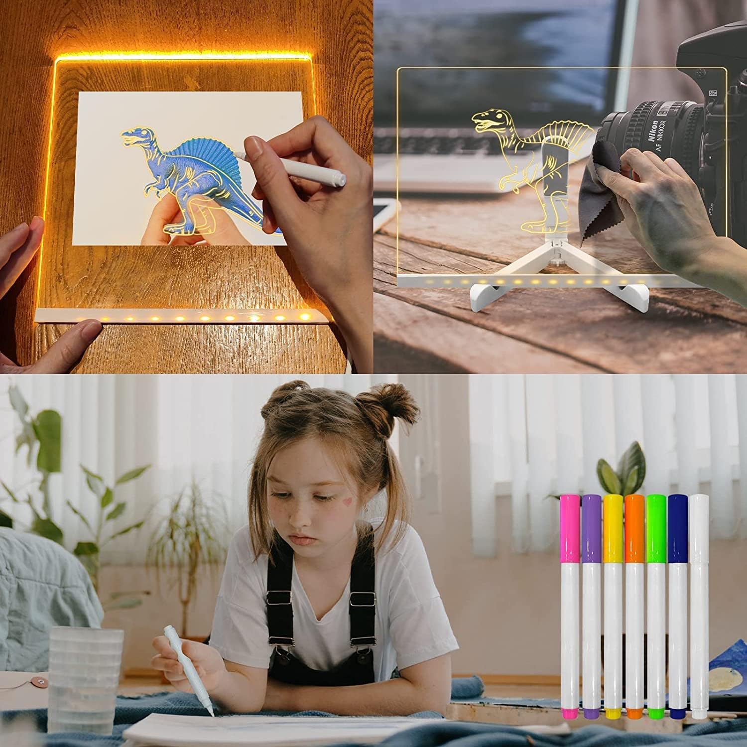 Gleam: LED Message Sketch Board & Night Lamp with Acrylic Dry Erase Surface, Stand & 13 Glow Pens for Home, Office & Gifting