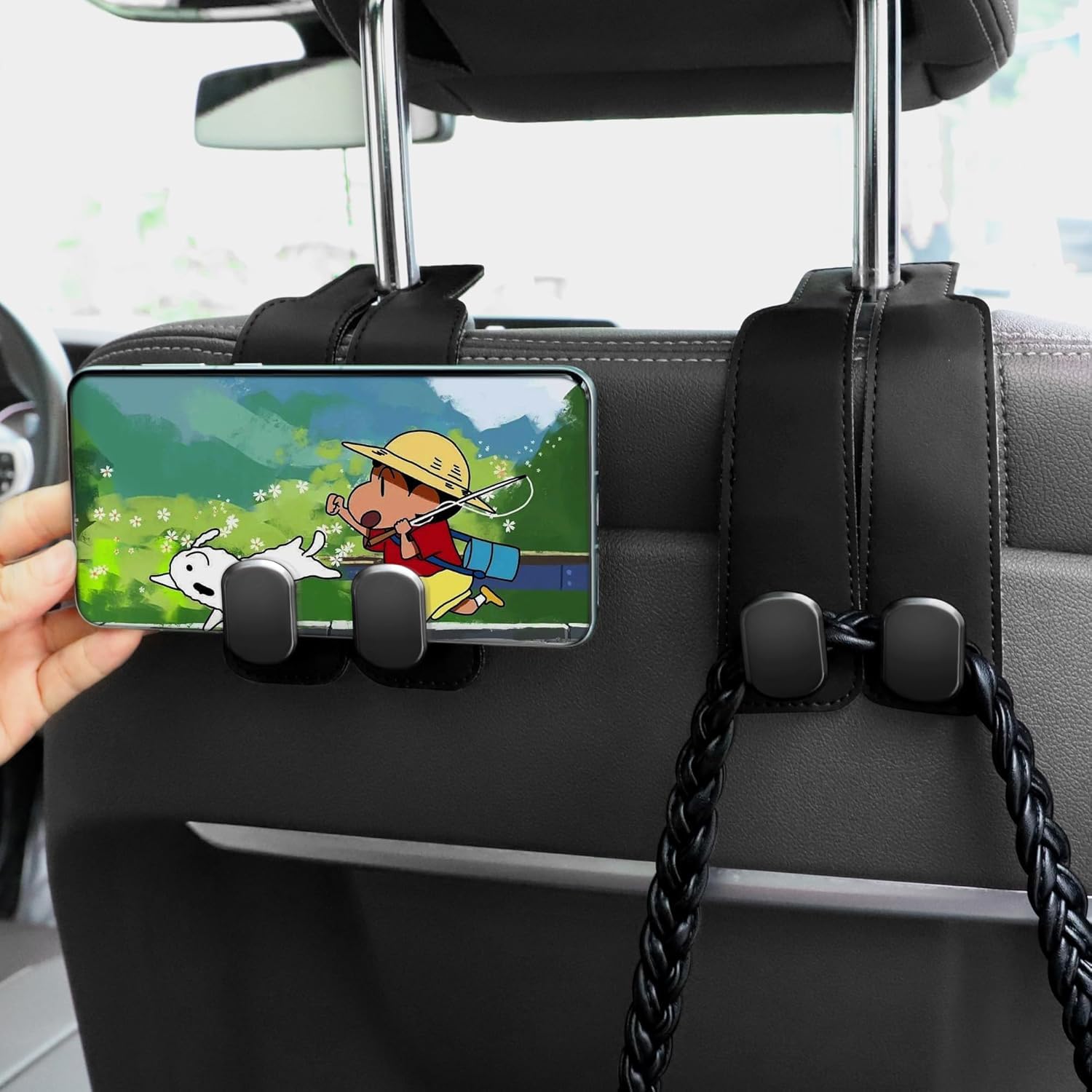 Hooksy: Universal Leather Car Headrest Hooks, Car Seat Back Organizer Hanger for Handbags, Purses, Shopping Bags, Backpacks & Accessories (Pack of 2)