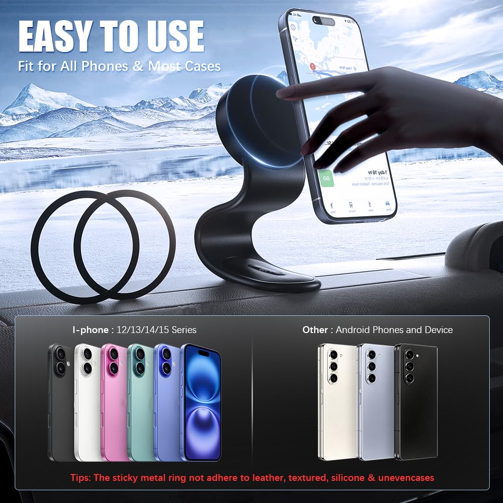 Magnum: Sleek Memory Metal 15W MagSafe Wireless Car Charger & Magnetic Phone Holder with Ultra-Strong Grip, Flexible Aluminum Bendable Arm & Dashboard Mount