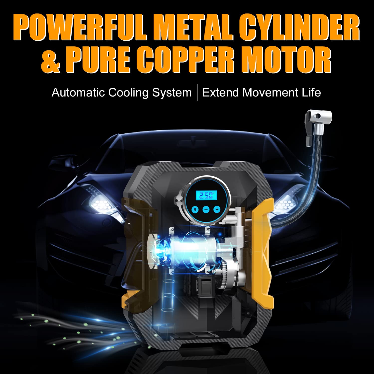 TireSOS: High-Quality Portable Digital Car Tyre Inflator with LED Light & 150PSI Auto Pump for Cars, Bikes & More