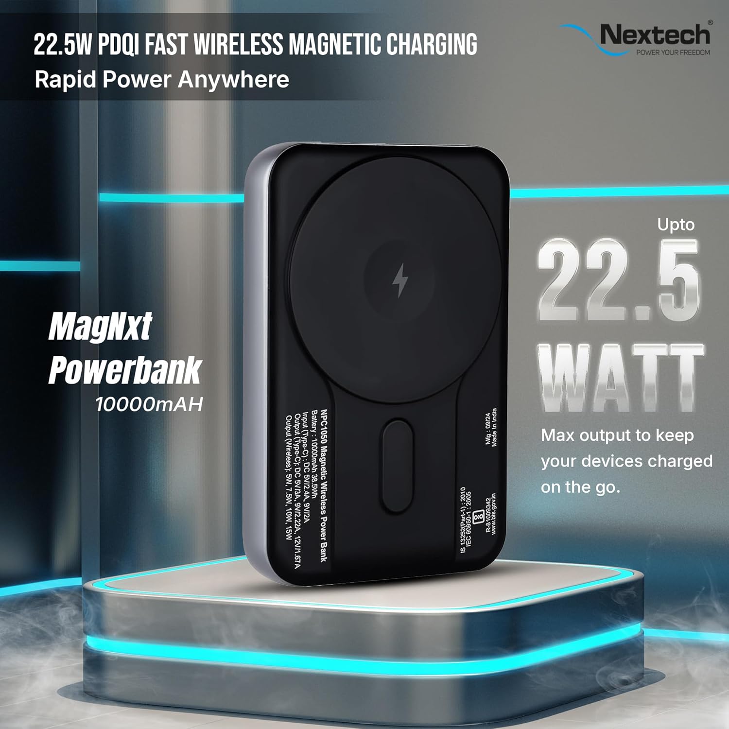 Nextech MagNxt | 10,000mAh Wireless Rapid Charge | Type-C PD | 22.5W Output | Compact, Sleek | 15W Magnetic Charging | LED Indicator | Compatible with iPhone 12 & Qi | Metalic Grey