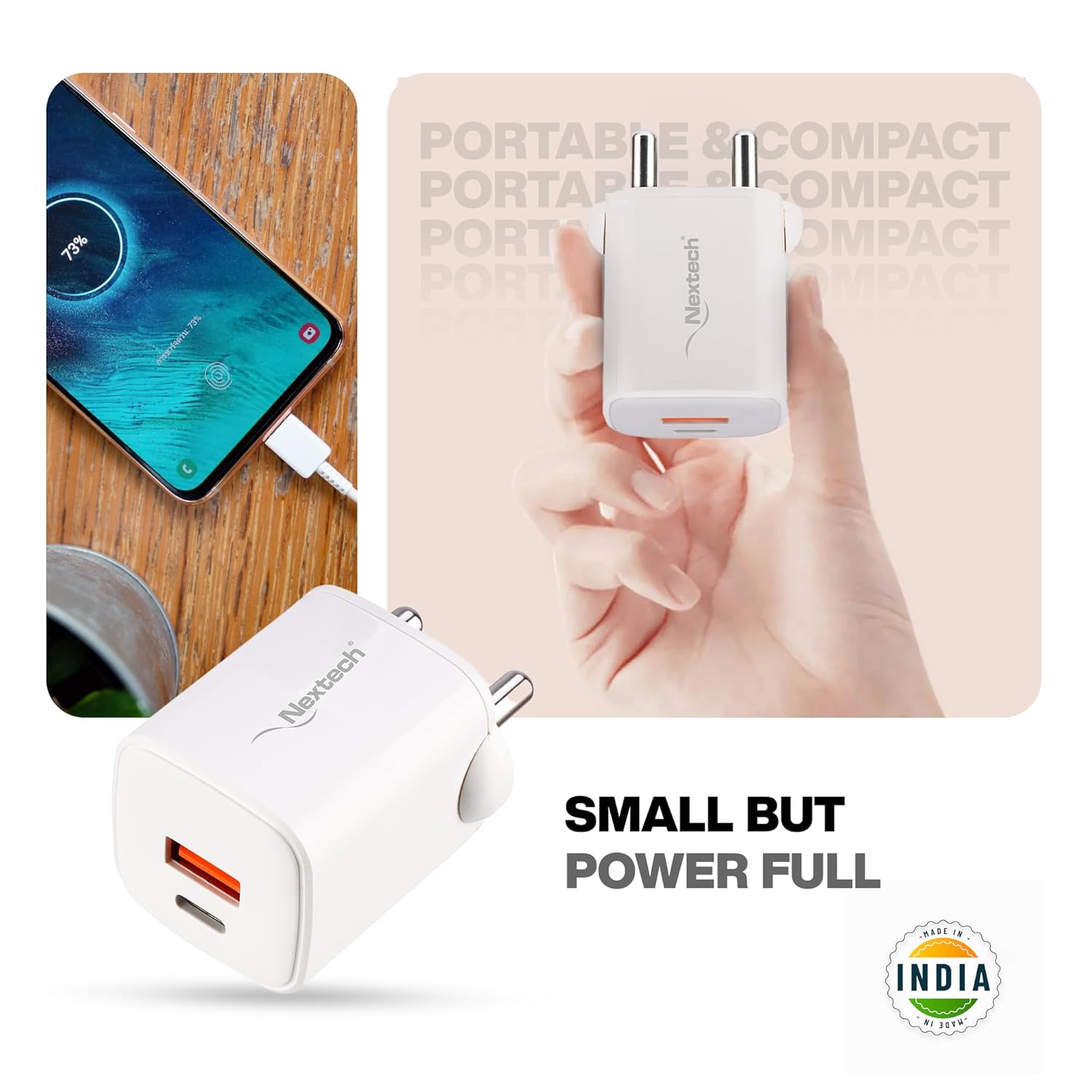 Nextech NTQ30 35W Dual Port PDQC3.0 GaN, BIS Certified, Made in India Fast Wall Charger Compatible with iPhones, iPads, Tablets, Android & Smartphones (White)