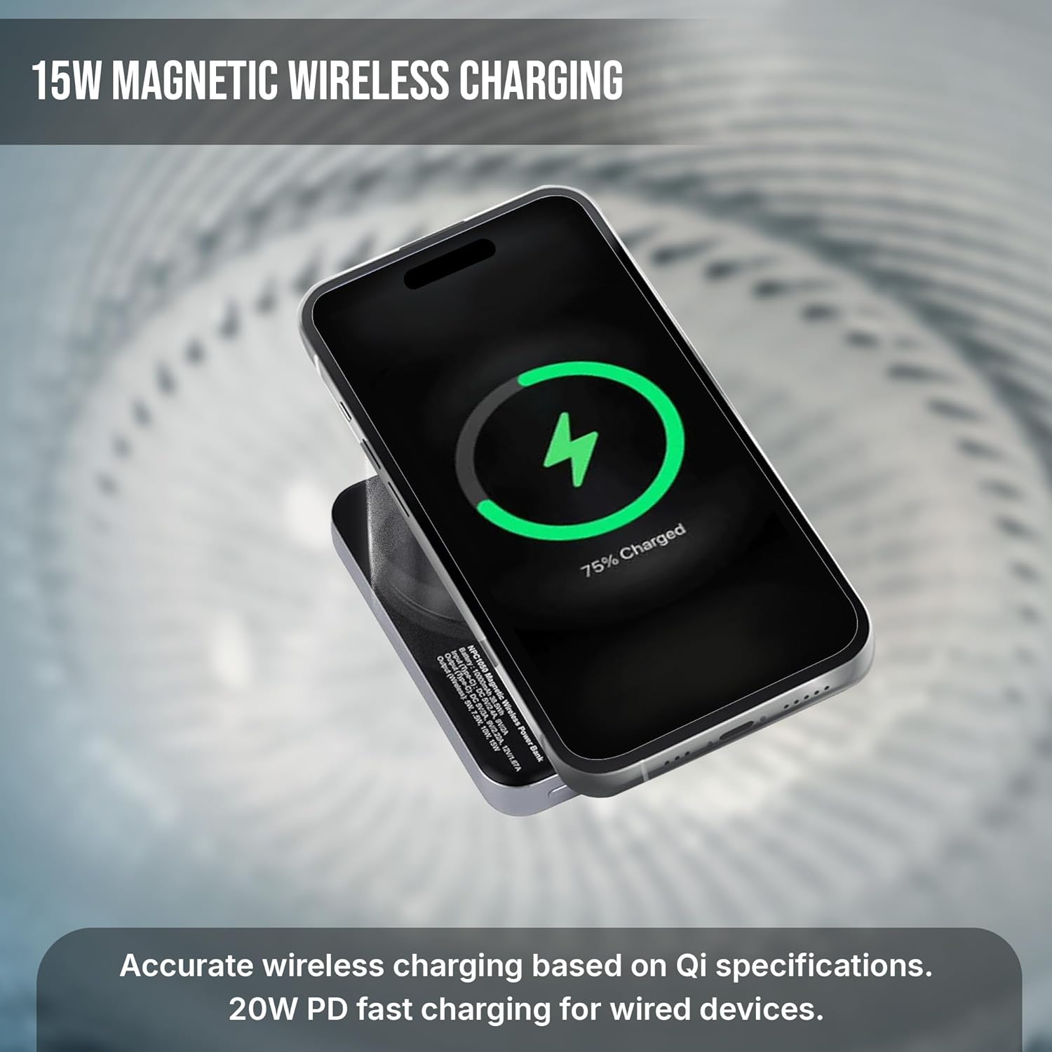 Nextech MagNxt | 10,000mAh Wireless Rapid Charge | Type-C PD | 22.5W Output | Compact, Sleek | 15W Magnetic Charging | LED Indicator | Compatible with iPhone 12 & Qi | Metalic Grey