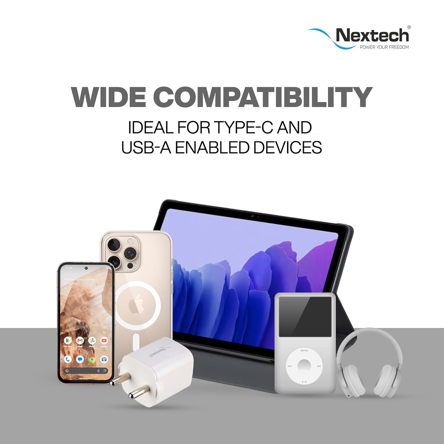 Nextech NTQ30 35W Dual Port PDQC3.0 GaN, BIS Certified, Made in India Fast Wall Charger Compatible with iPhones, iPads, Tablets, Android & Smartphones (White)