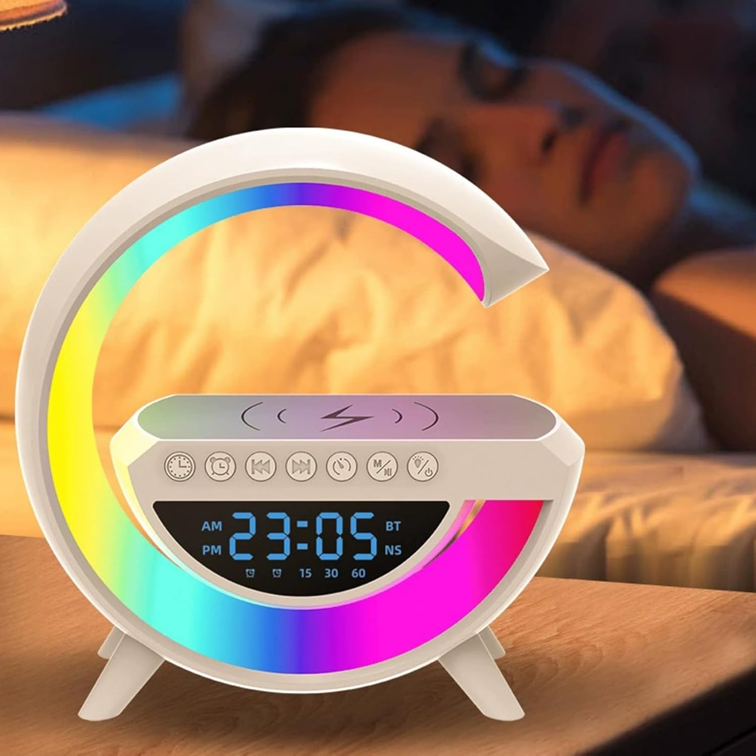 Gooble: Full Size G-Shaped RGB Atmosphere Lamp with 15W Wireless Charger, Bluetooth Speaker, Clock & Interactive Desk Light for Bedside & Room Décor