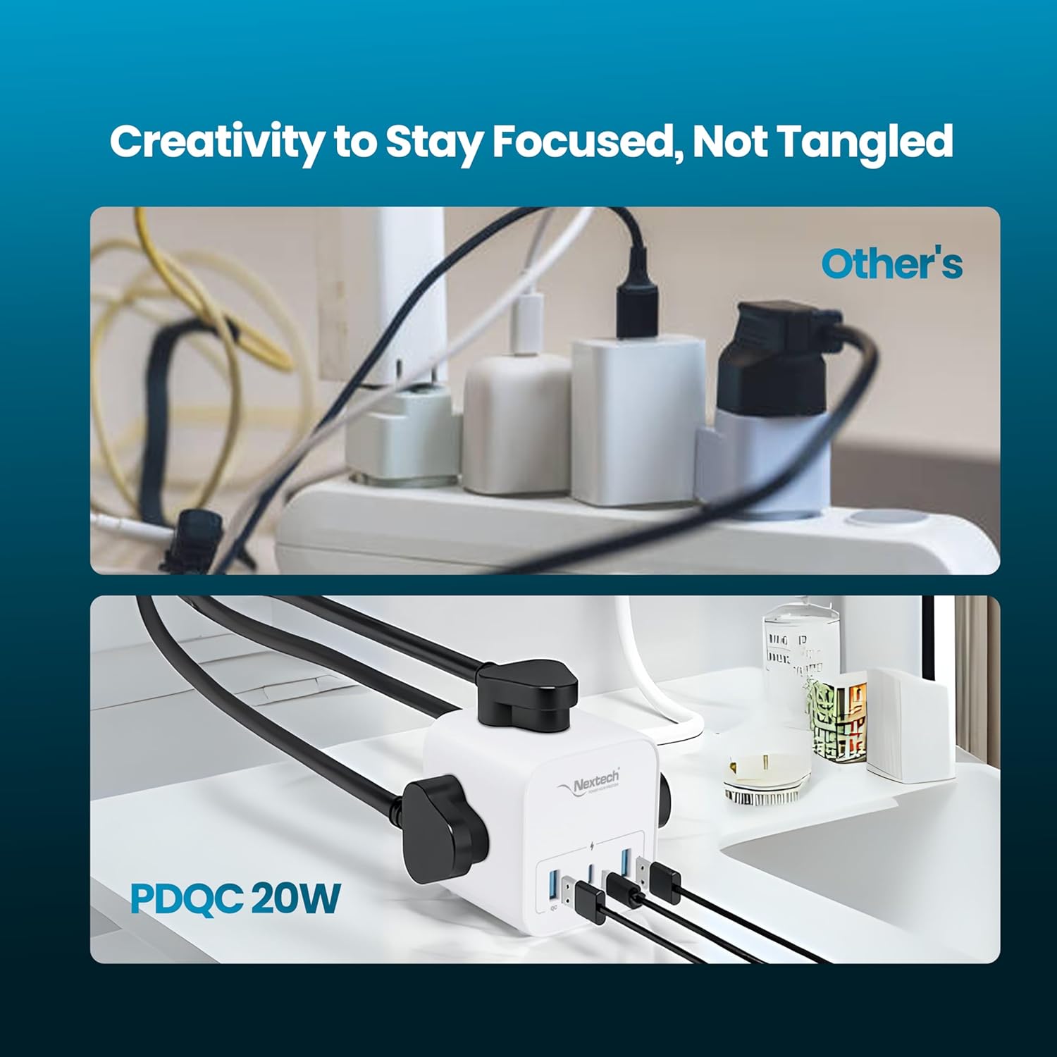 Nextech 20W Cube 20 High Speed Smart Desktop Charger with 2M Copper Cable, Type C PD Port, 2 USB Mach Port, 3 AC Power Socket, Compatible with Laptop,Smartphones,iPhones,Tablet,Power Bank(White)