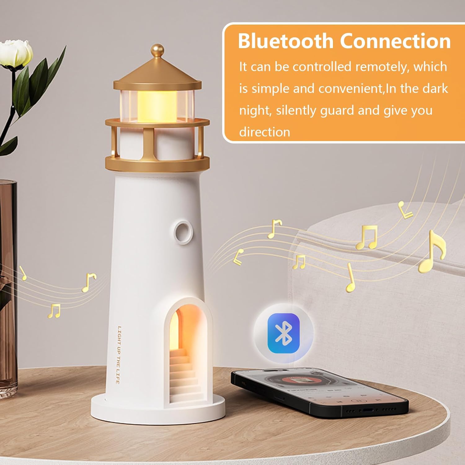 Beacon: Lighthouse Moonlight Projection Lamp with Bluetooth Speaker & Remote, Dimmable LED Night Light, Cute Moon Glow Table Lamp for Bedroom, Kids Room & Unique Gifting
