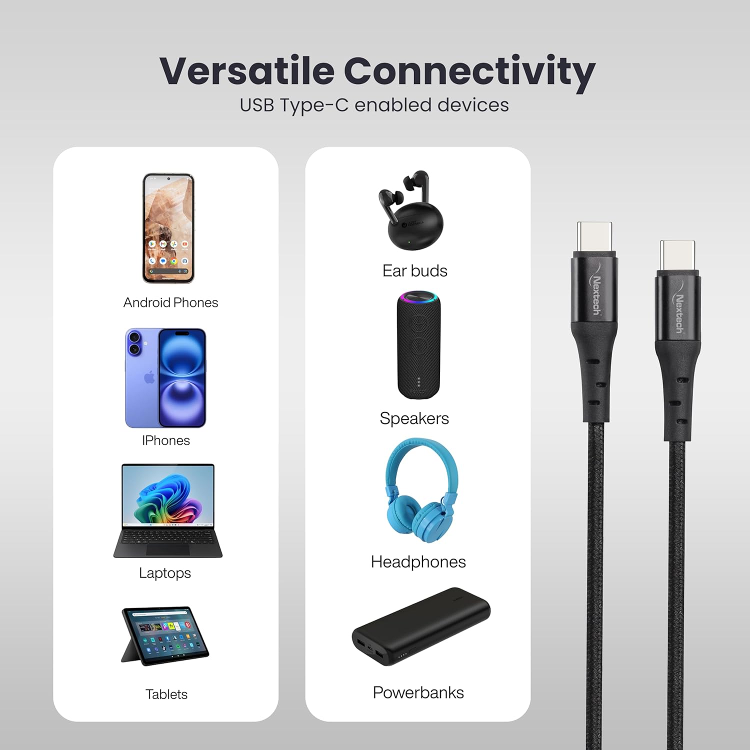 Nextech 65W Type-C to Type-C Braided Fast Sync & Charging Cable Compatiable with Androidphones, iPhones, Laptops 1.2M
