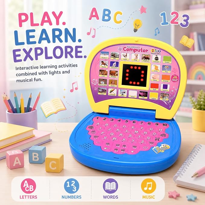 Kidemy: Interactive Educational Laptop Toy for Kids with LED Display, A–Z Alphabet, 1–10 Numbers, Spelling, Music & English-Chinese Learning Modes
