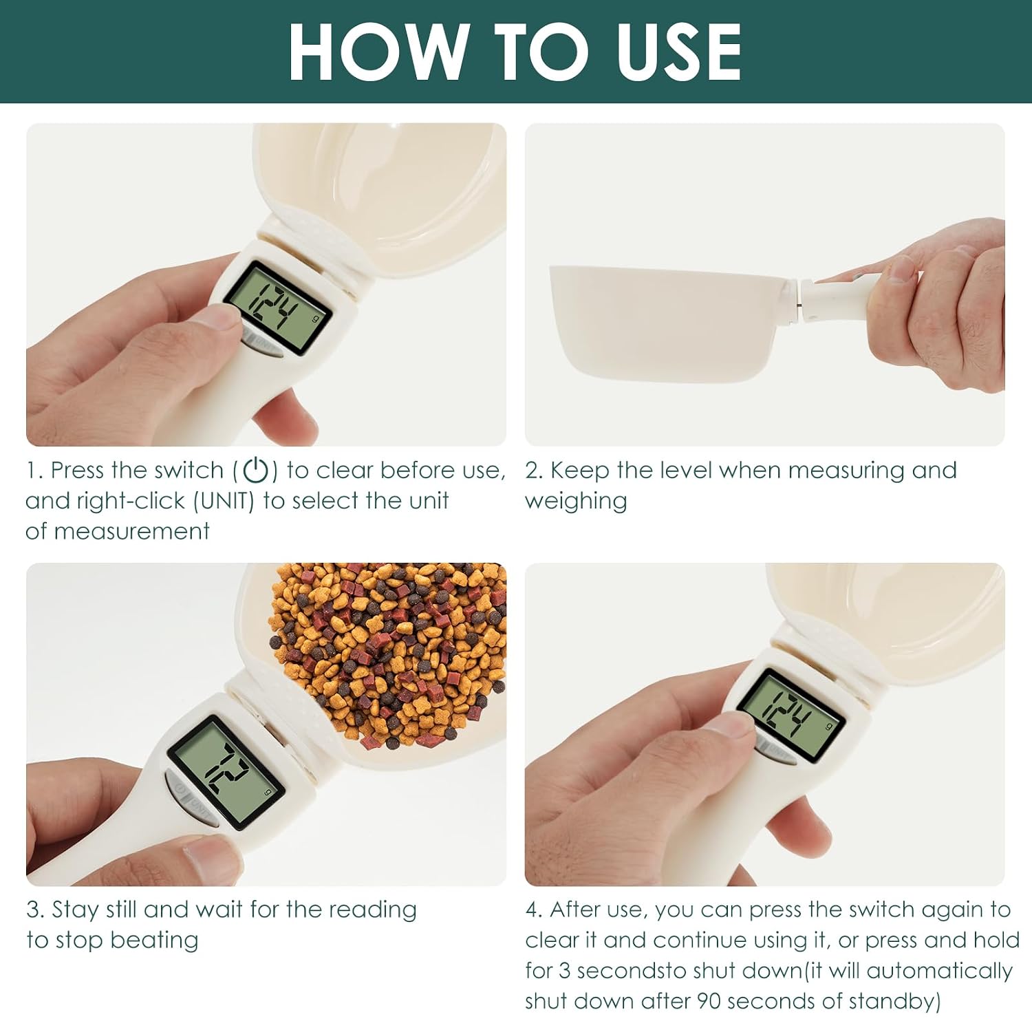 Scoopy: Digital Measuring Spoon Scale with LCD Display, 1g Precision, Removable Spoon & Electronic Weighing Function for Kitchen Ingredients, Meals & Pet Food