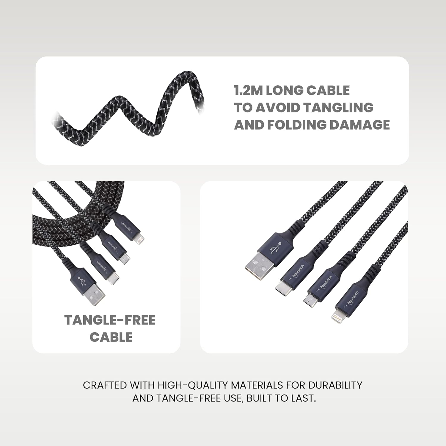 Nextech 3 in 1 USB Fast Charging Cable with Type C, Lightning, Micro USB Connectors for iPhone, iPad, Android and Type-c mobile phones