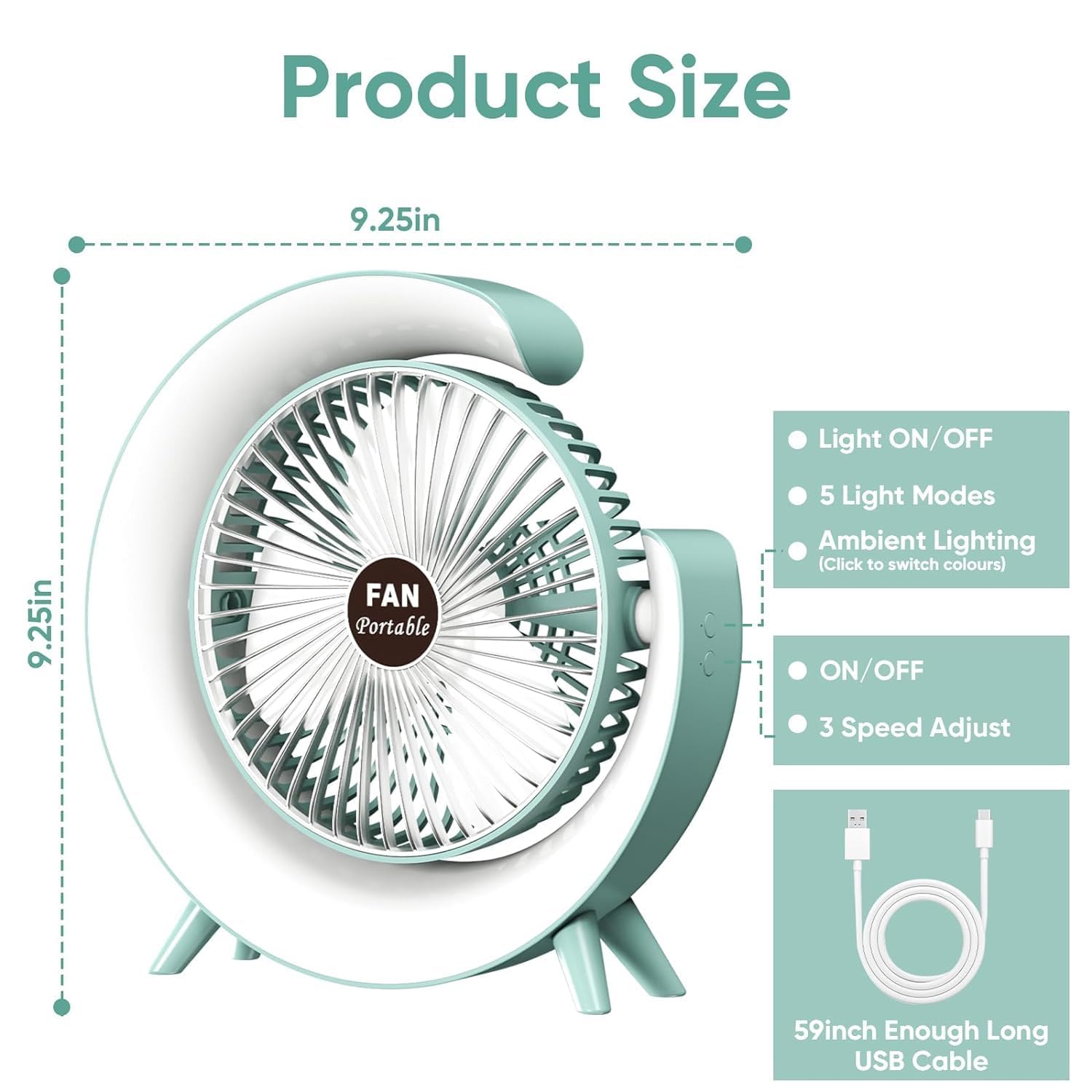 GFan: RGB LED Rechargeable Desk Fan with 3 Speeds – 180° Adjustable, USB Charging & 4-Hour Backup for Table, Office & Travel Use