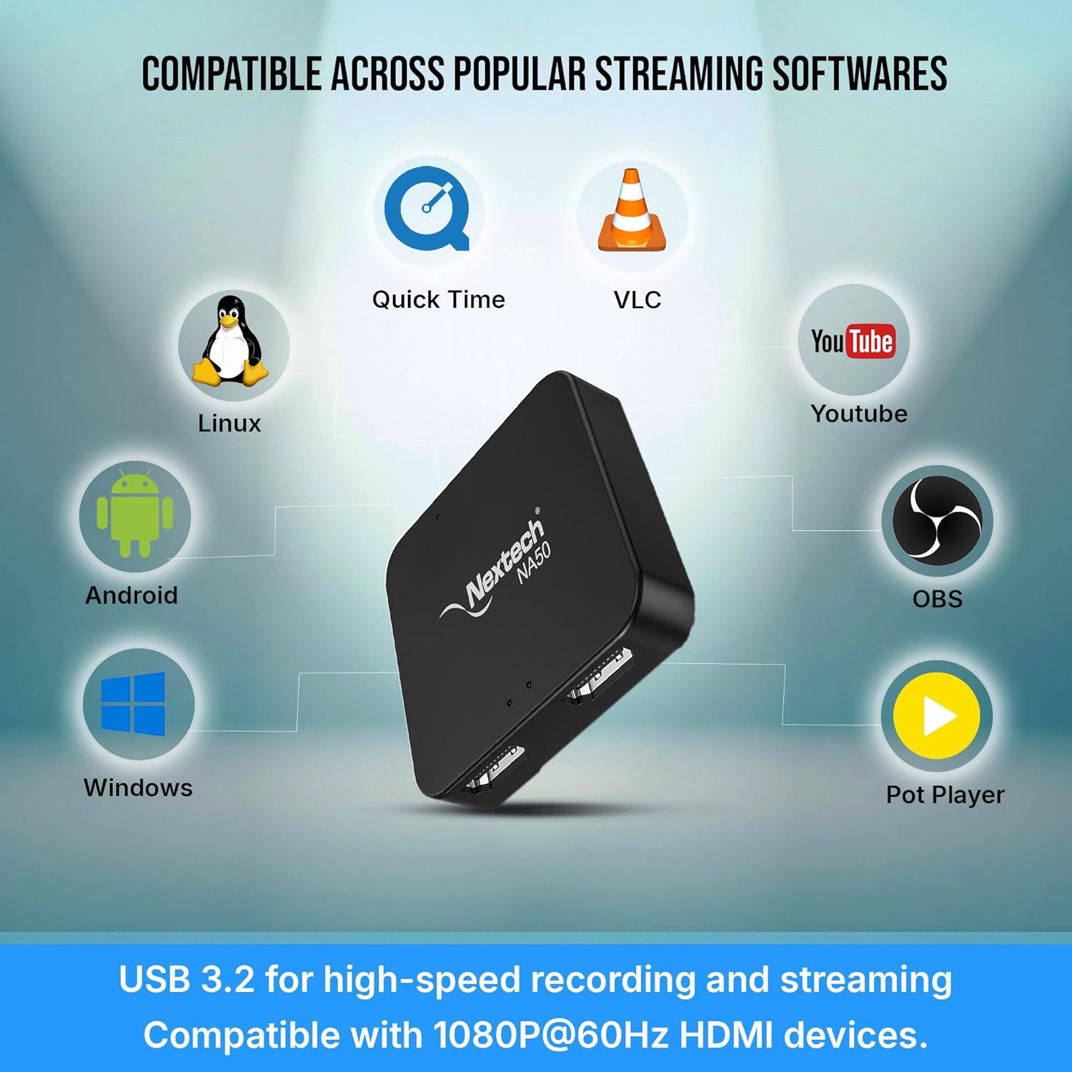 Nextech HDMI Capture Card – 4K@30Hz Pass-Through, Ultra-Low Latency Loop-Out, USB 3.0 Plug & Play, AUX Audio Input – Compatible with PS5, Xbox, Camera, PC for Streaming & Recording