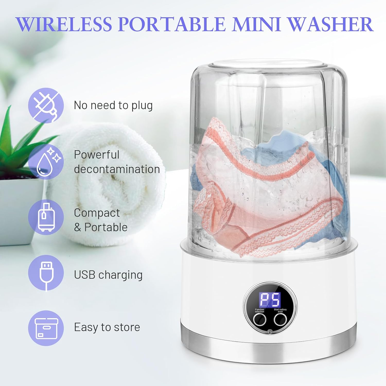 Washy: Portable Mini Washing Machine with Rechargeable 3000mAh Battery, Compact Deep Cleaning Washer for Undergarments, Baby Clothes, Travel & Camping