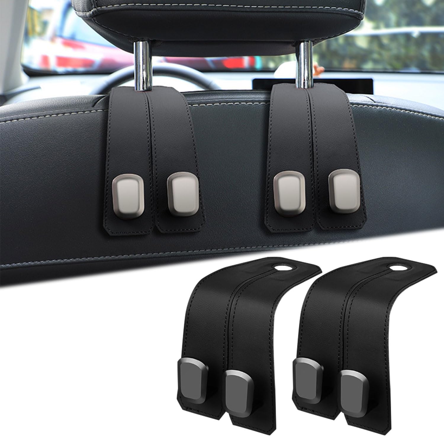 Hangoo: Universal Leather Car Headrest Hooks, Car Seat Back Organizer Hanger for Handbags, Purses, Shopping Bags, Backpacks & Accessories (Pack of 2)
